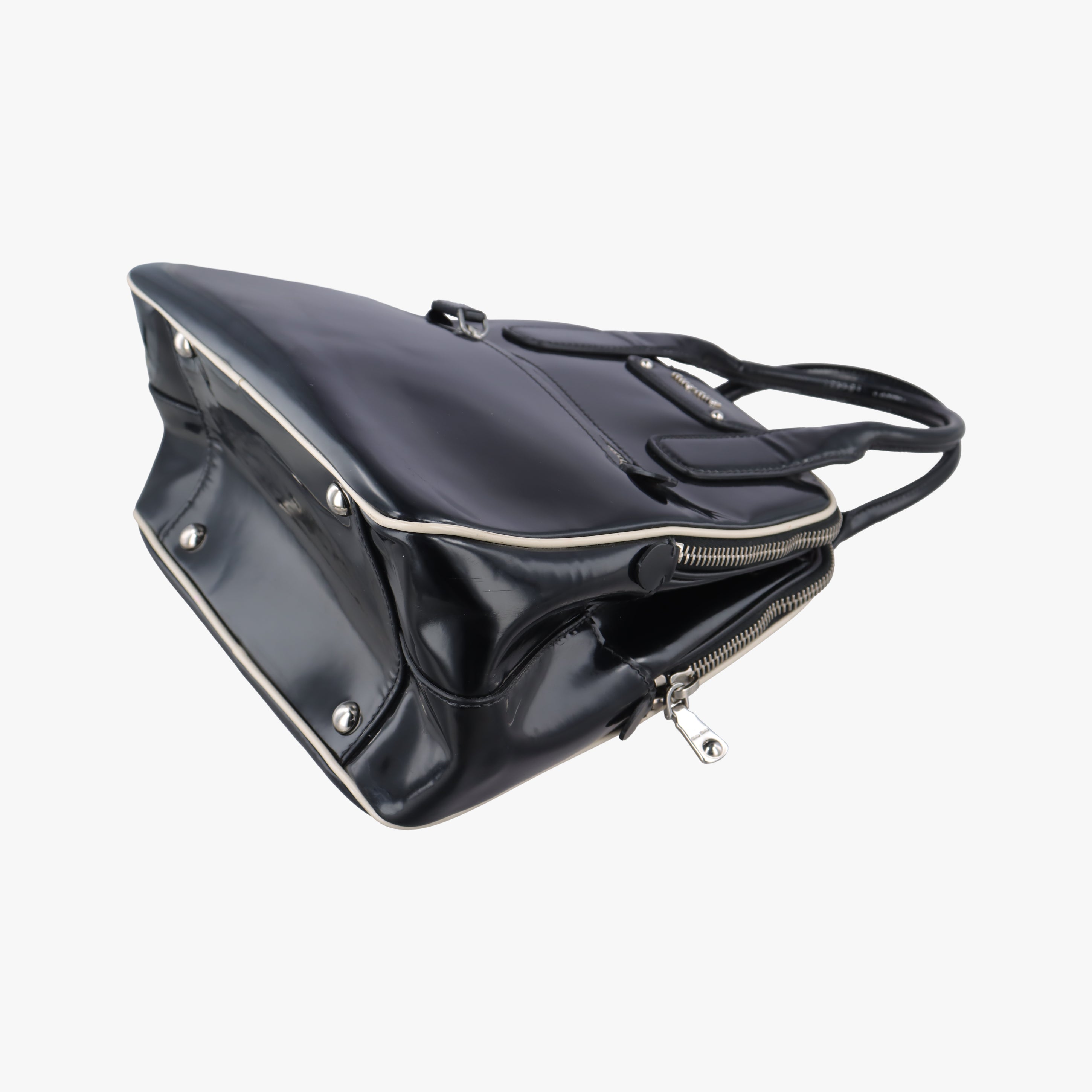 Pre-owned Miu Miu Double Zip Bowling Black patent  handbag | stylenewstar