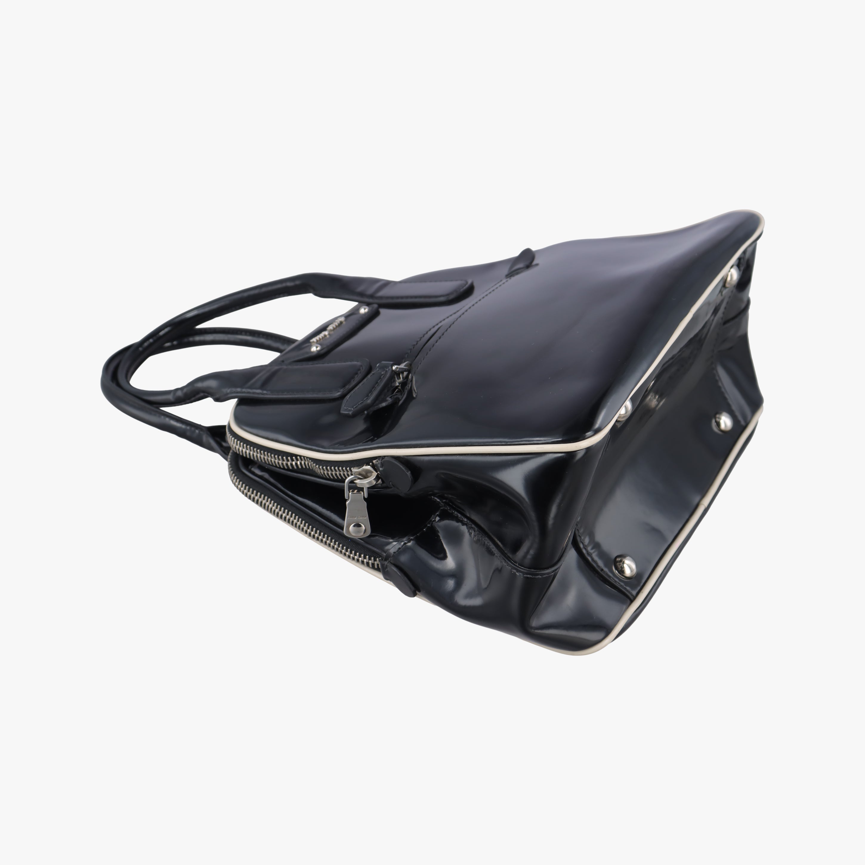 Pre-owned Miu Miu Double Zip Bowling Black patent  handbag | stylenewstar