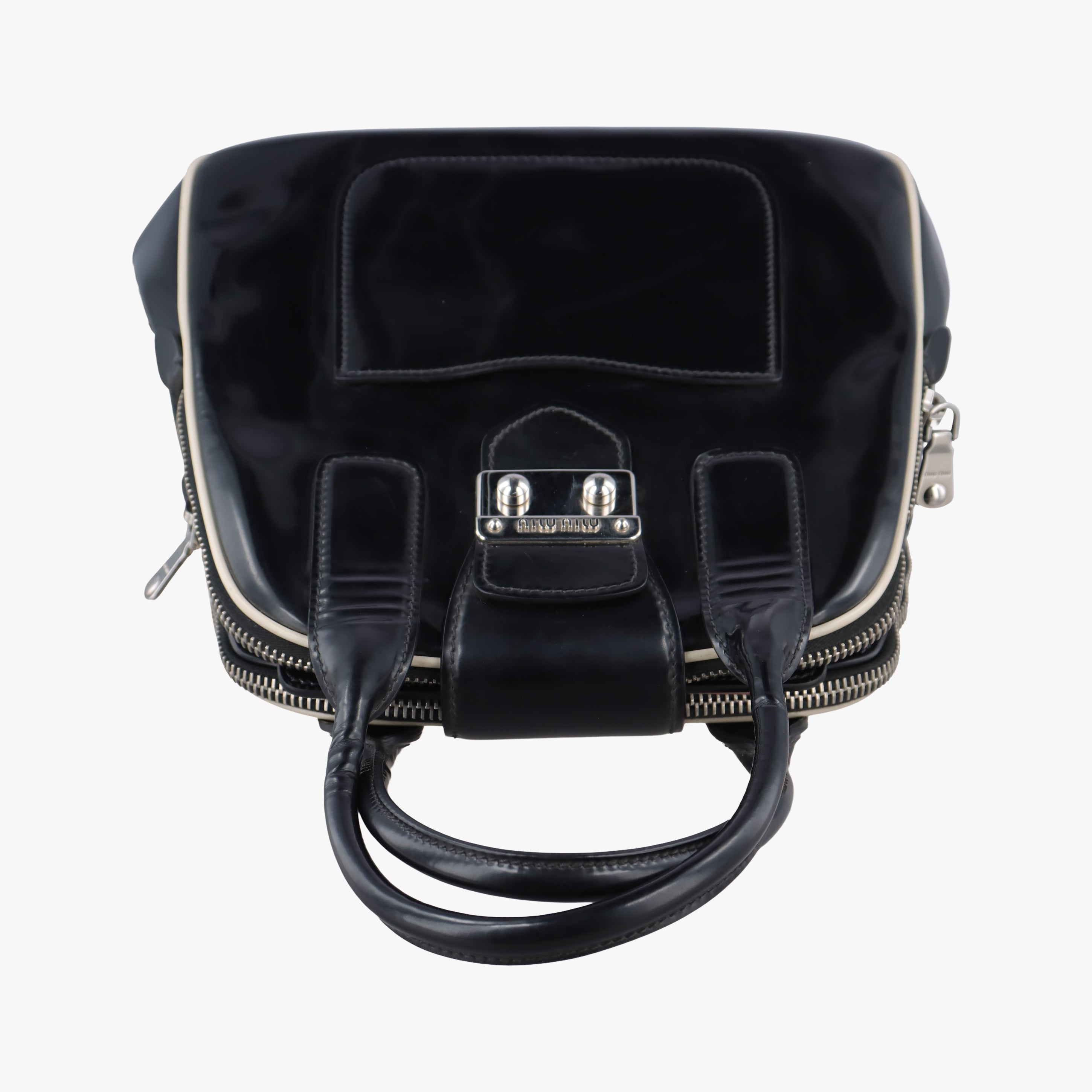 Pre-owned Miu Miu Double Zip Bowling Black patent  handbag | stylenewstar