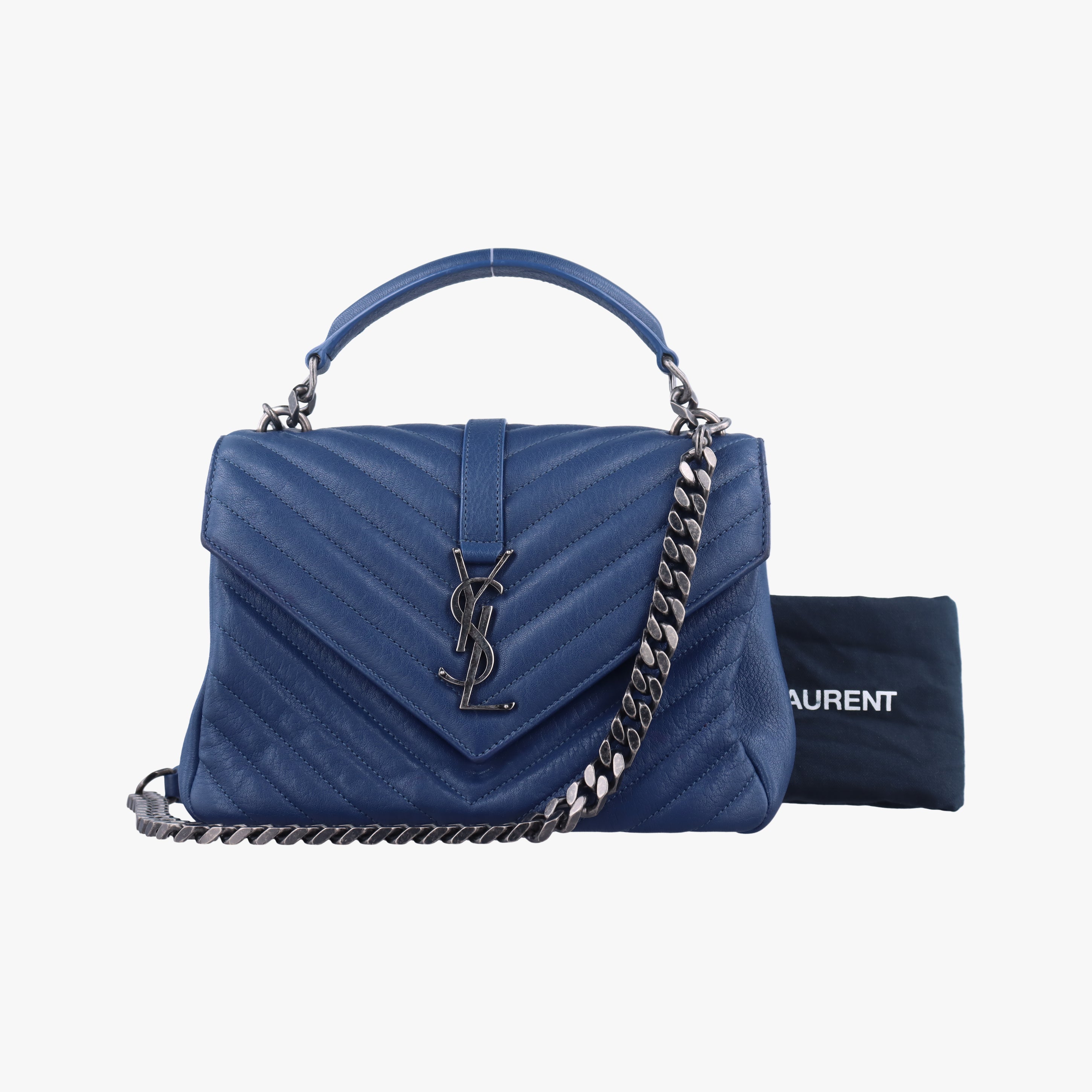 Pre-owned Yves Saint Laurent COLLEGE Navy Leather 487213 shoulderbag | stylenewstar