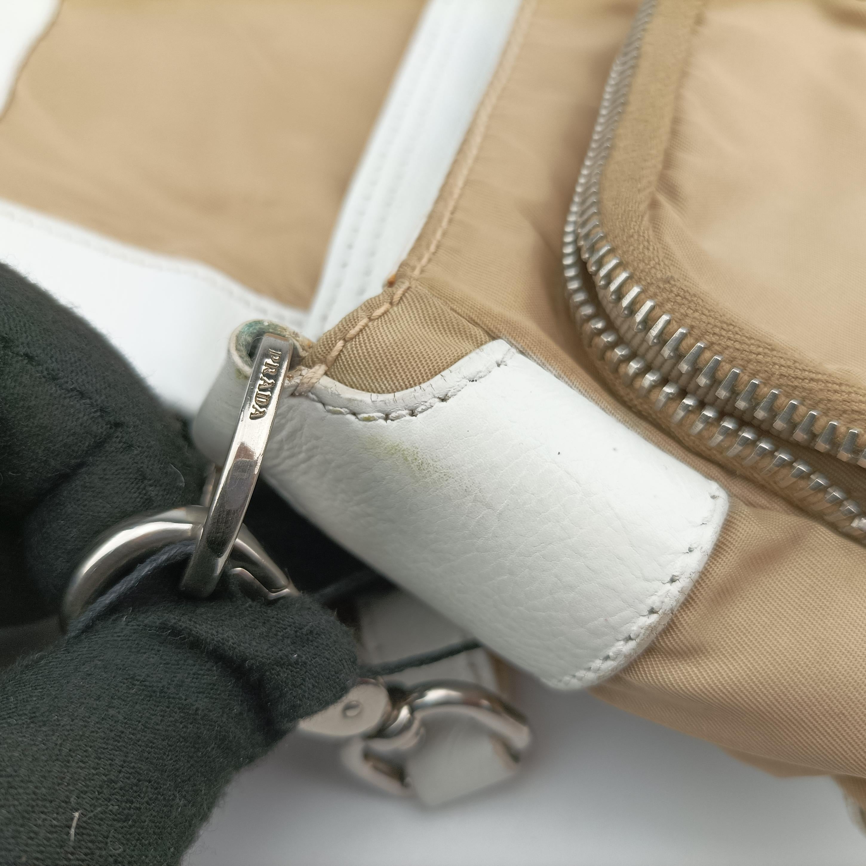 Pre-owned Prada Tessuto Beige×White nylon×leather  shoulderbag | stylenewstar