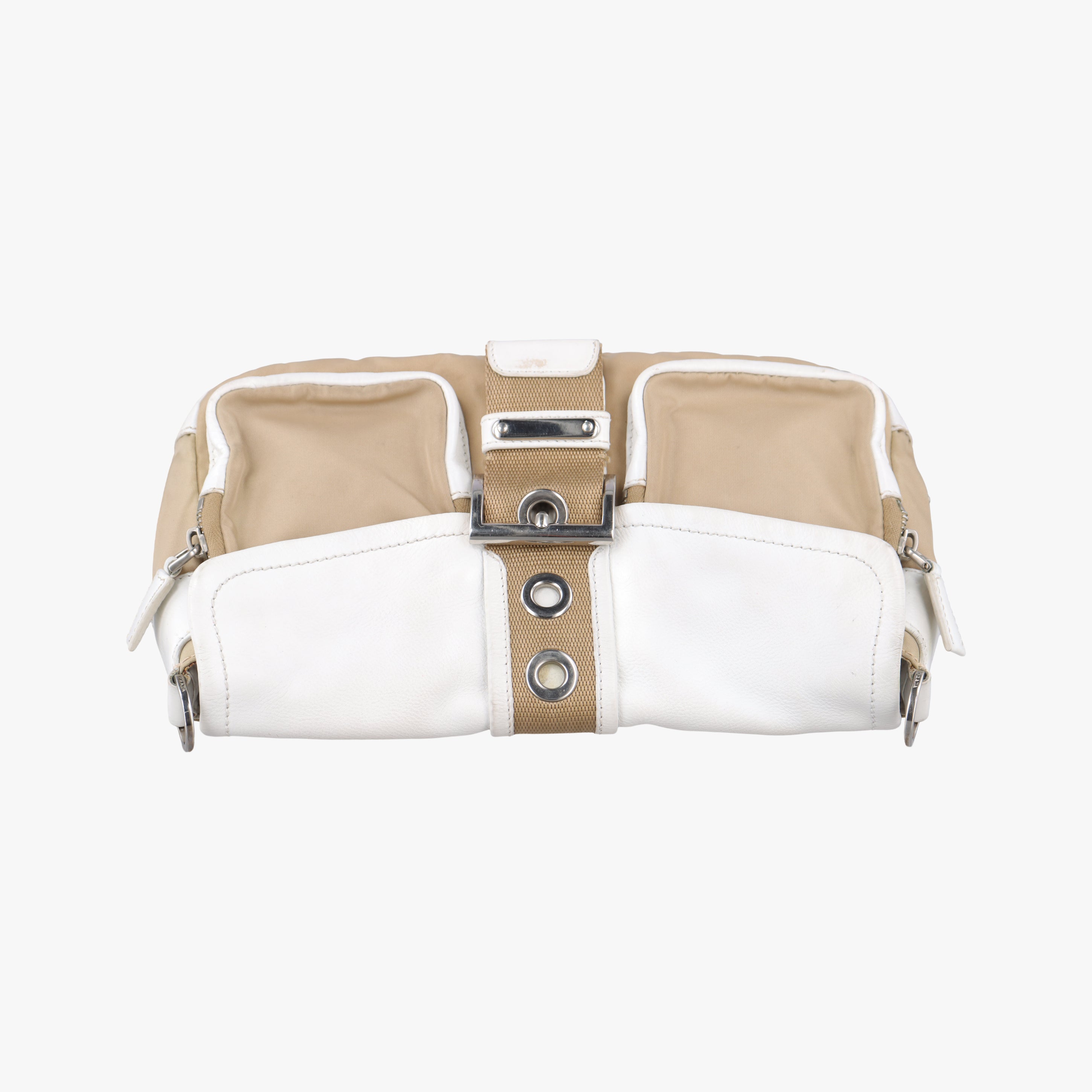Pre-owned Prada Tessuto Beige×White nylon×leather  shoulderbag | stylenewstar