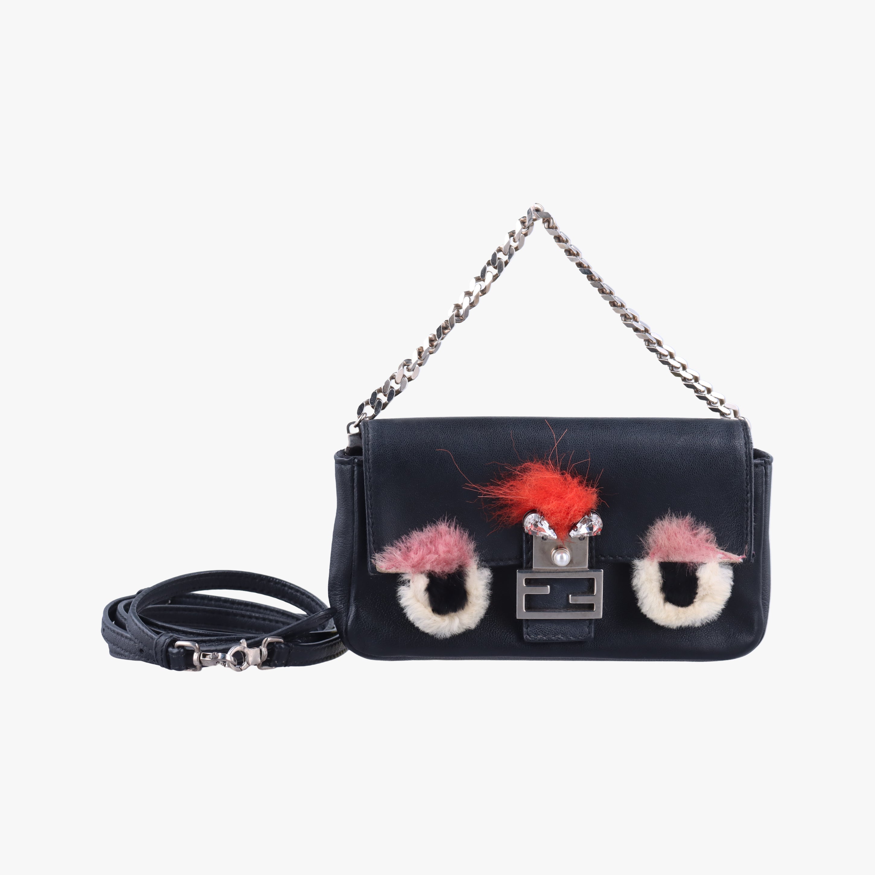 Pre-owned Fendi monster micro Baguette Black lambskin 8M0354 shoulderbag | stylenewstar