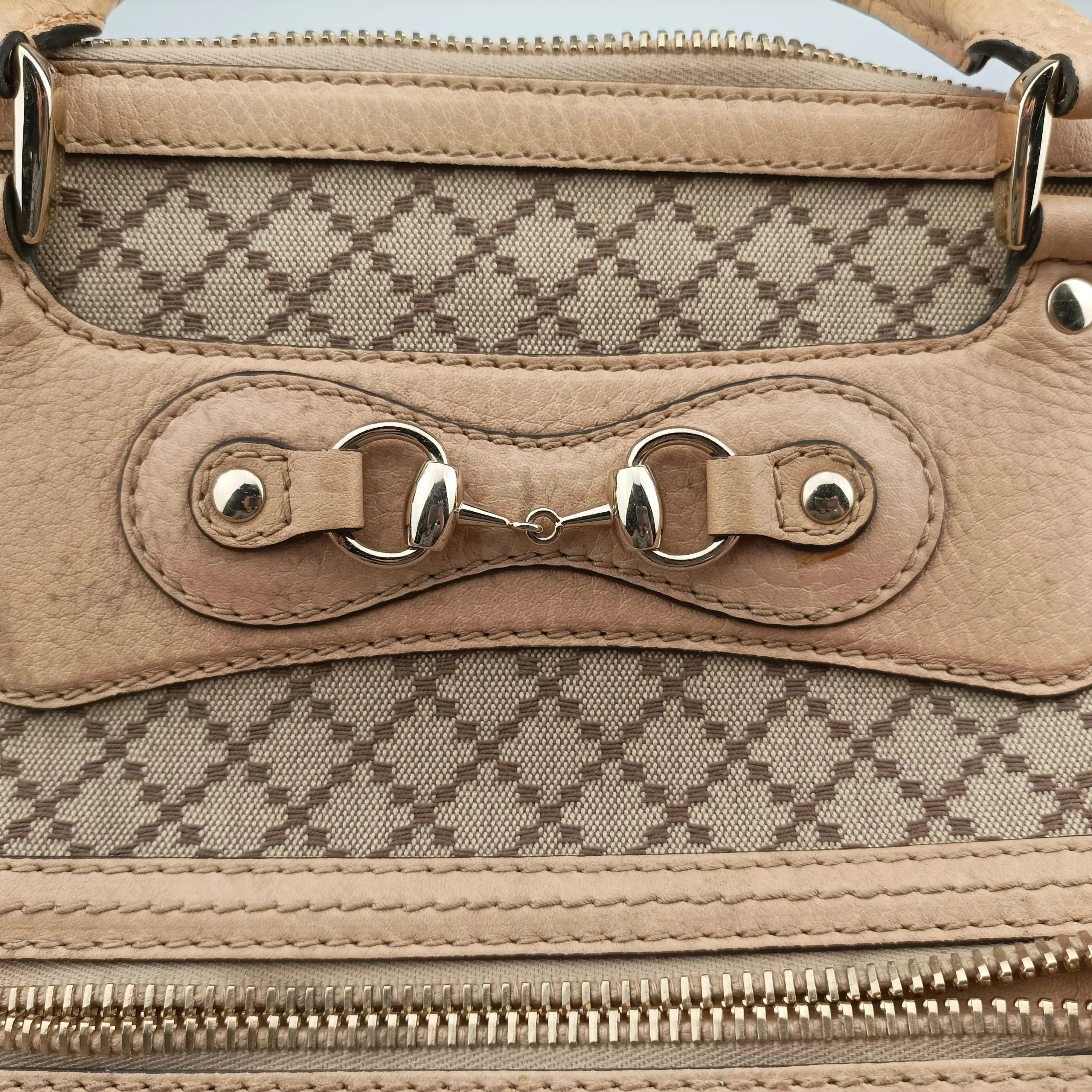Pre-owned Gucci Diamante Horsebit Catherine Tote Beige canvas×leather 247283 handbag | stylenewstar
