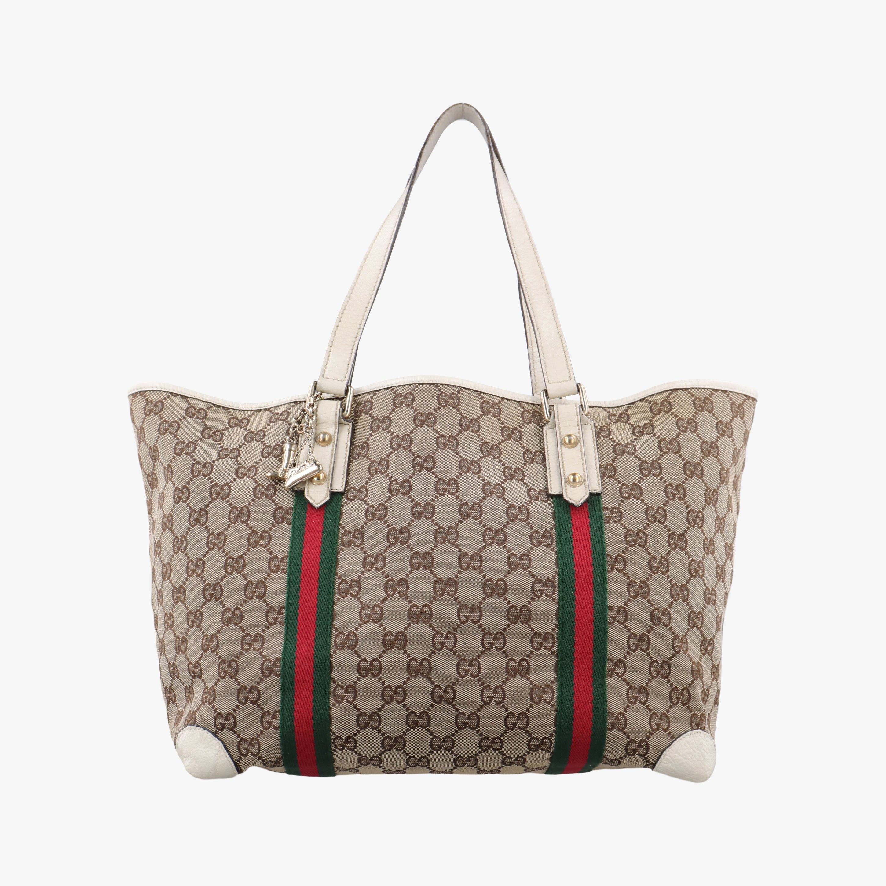 Pre-owned Gucci Web Sherry Line Beige x White x Red x Green canvas×leather 139260 handbag | stylenewstar