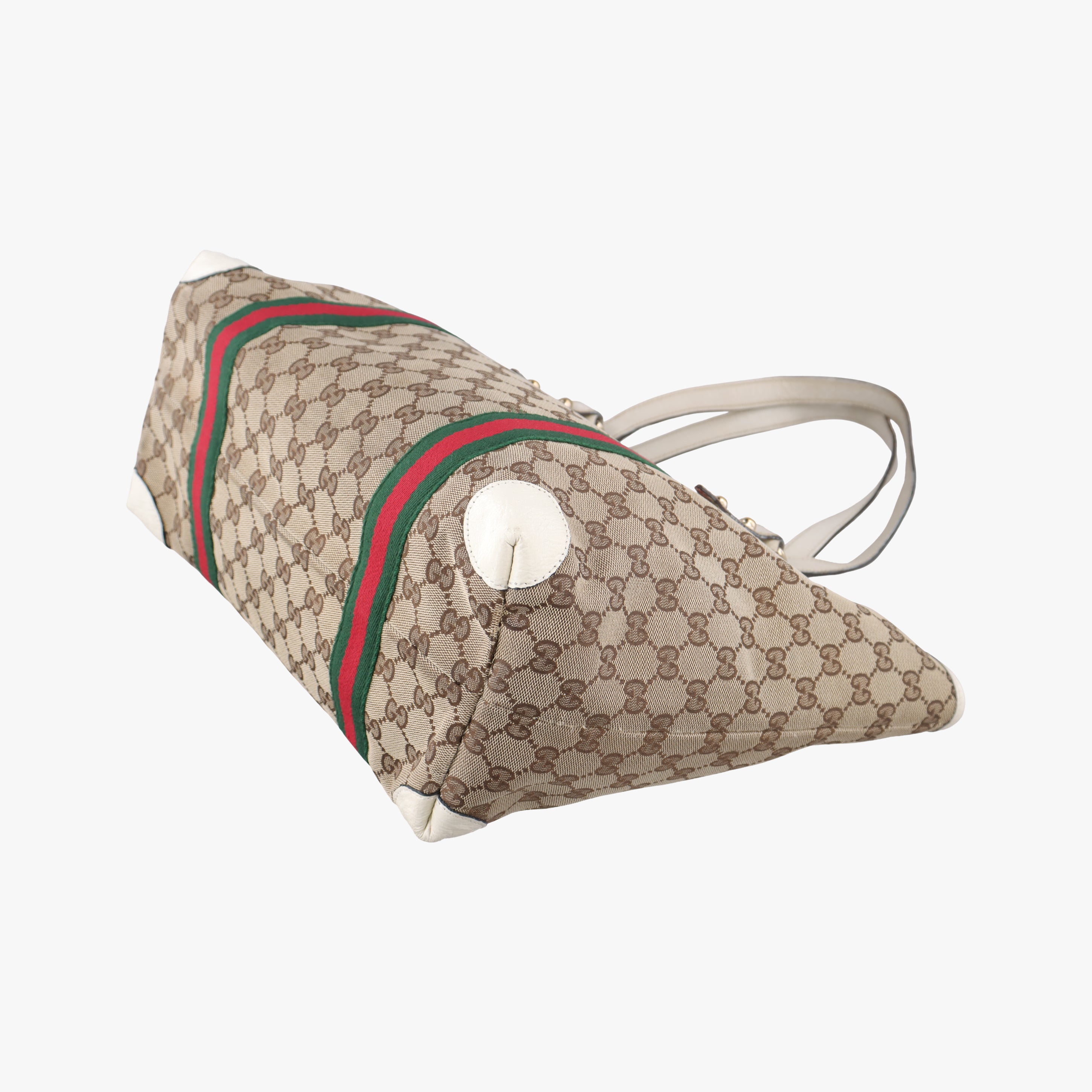 Pre-owned Gucci Web Sherry Line Beige x White x Red x Green canvas×leather 139260 handbag | stylenewstar