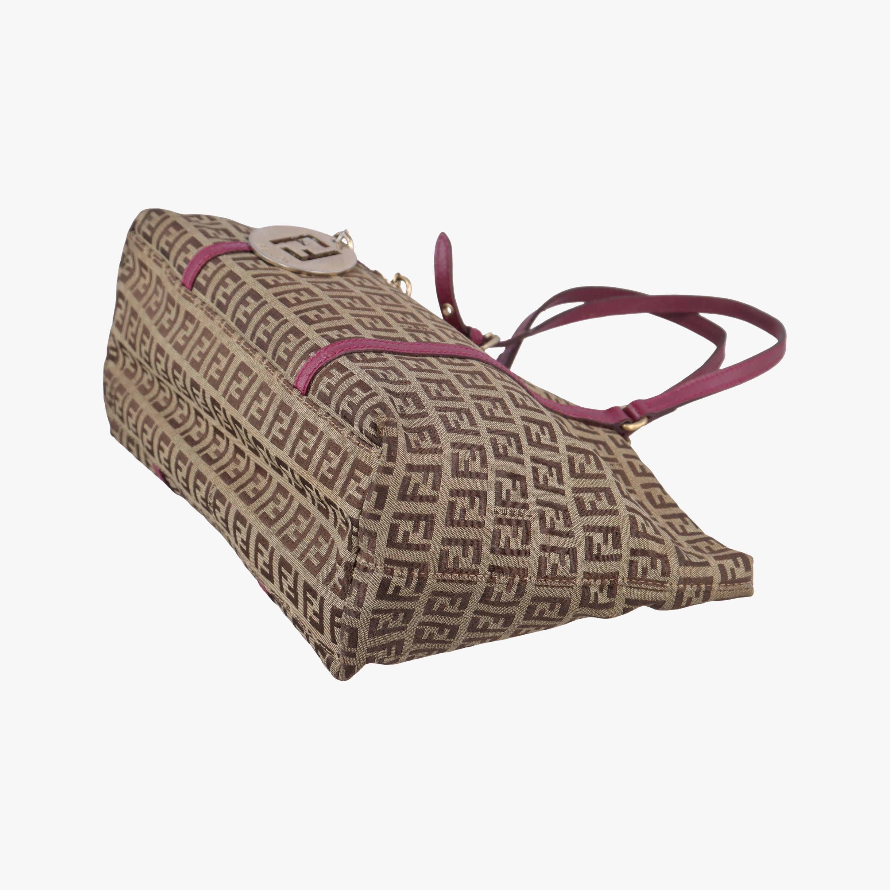 Pre-owned Fendi Zucchino pattern Brown×pink canvas 8BH215 handbag | stylenewstar