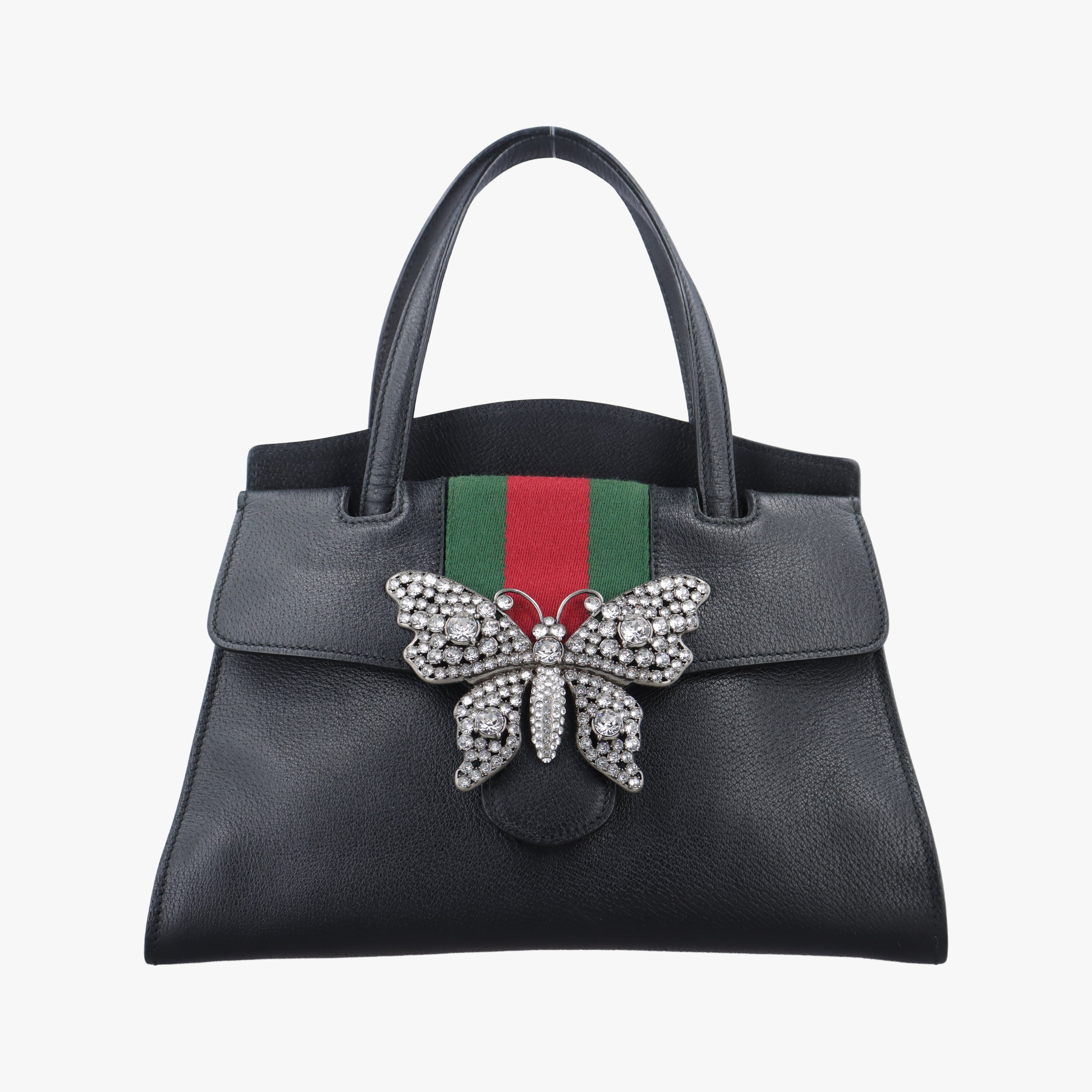 Secondhand Gucci Crystal Butterfly Linea Totem Black×Green×Red Leather 505342 handbag | stylenewstar