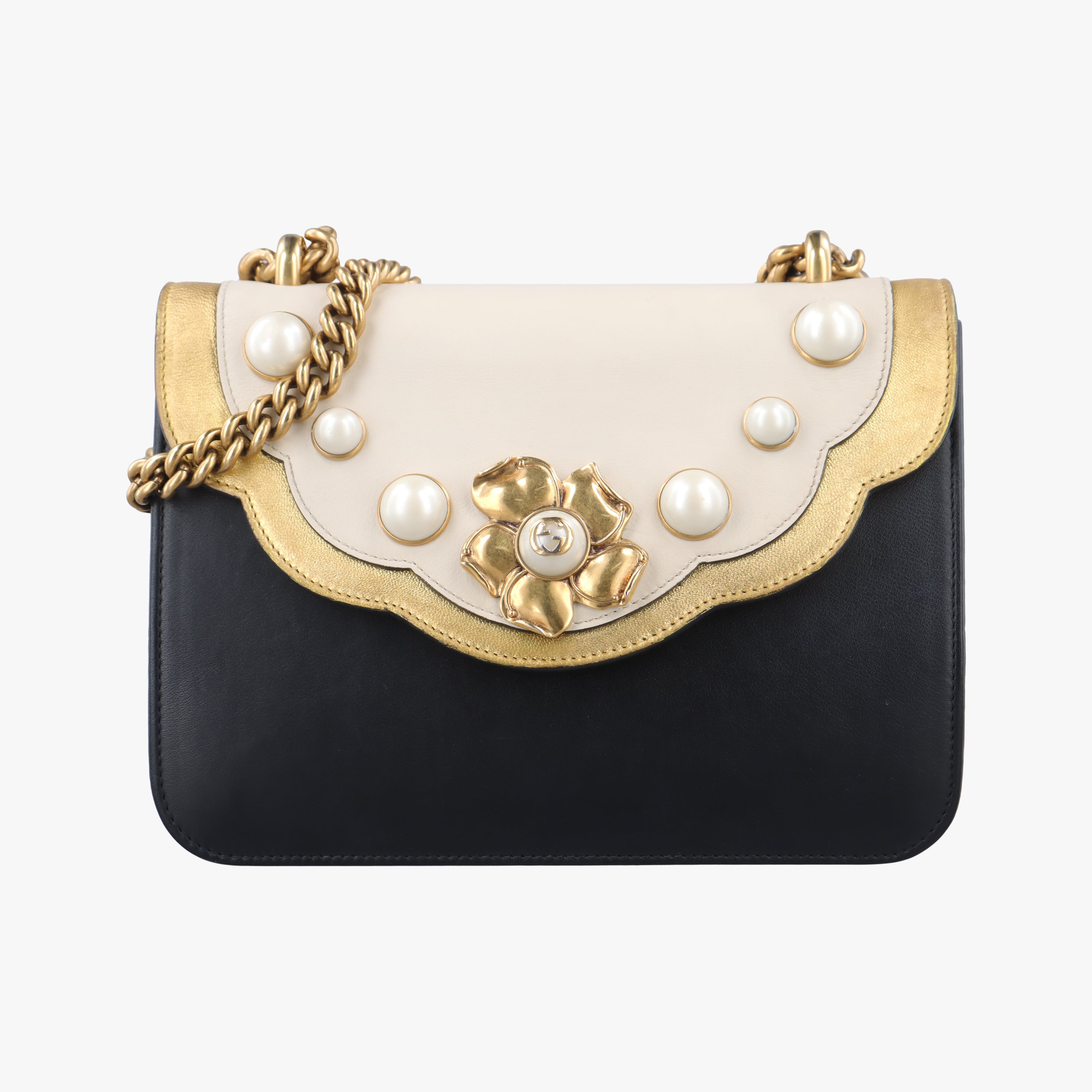 Pre-owned Gucci Pearly Peony Black×White×Gold Leather 432282 shoulderbag | stylenewstar