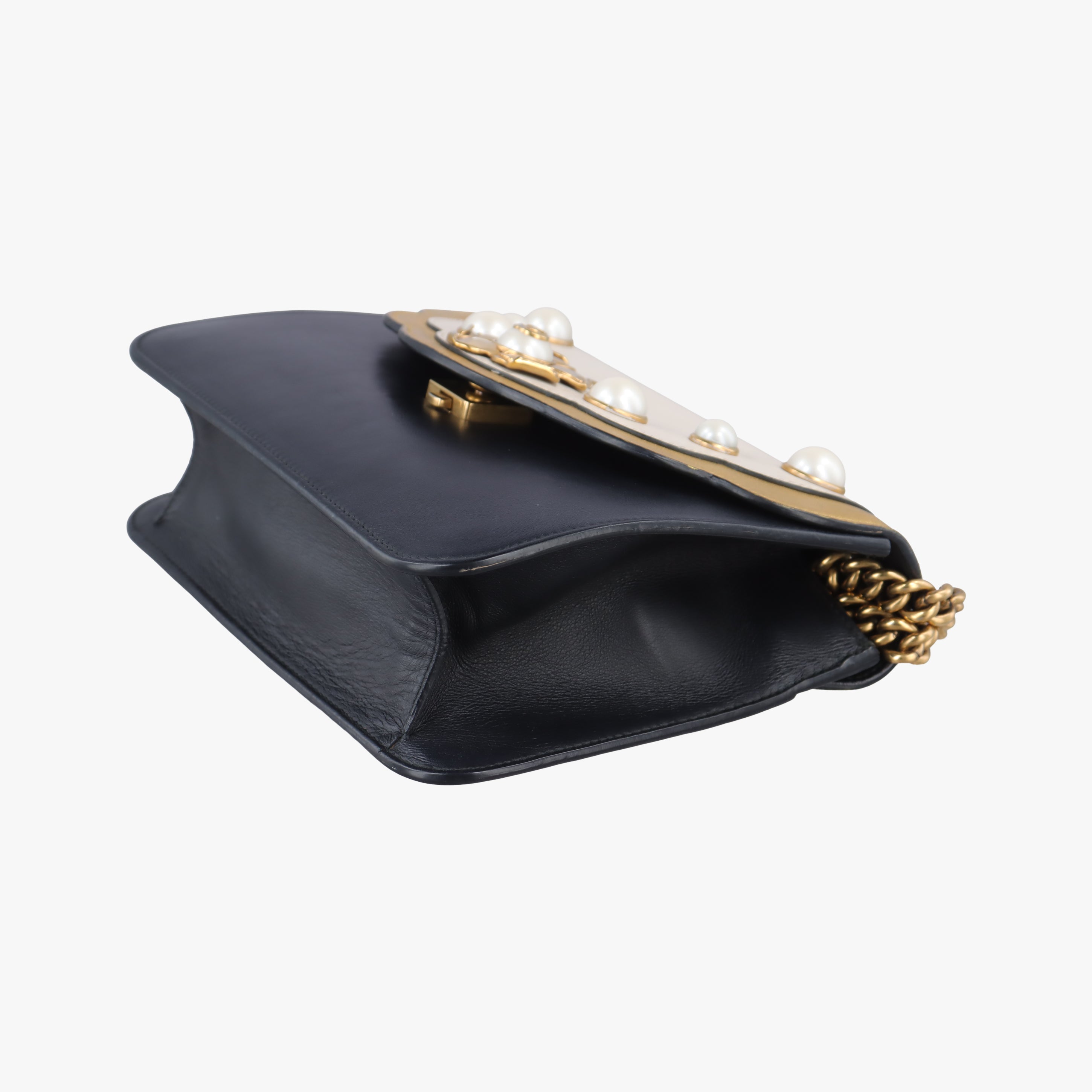 Pre-owned Gucci Pearly Peony Black×White×Gold Leather 432282 shoulderbag | stylenewstar