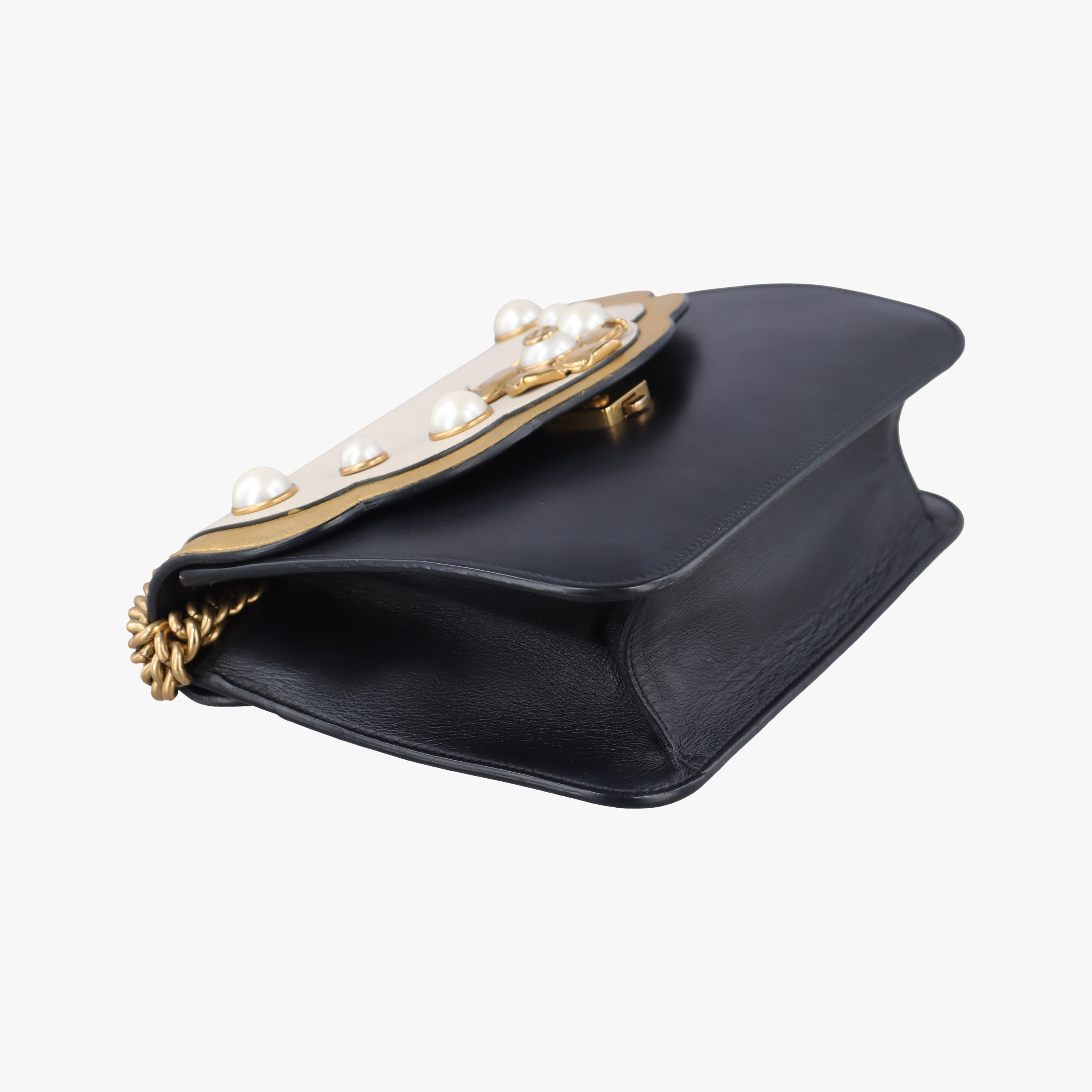 Pre-owned Gucci Pearly Peony Black×White×Gold Leather 432282 shoulderbag | stylenewstar
