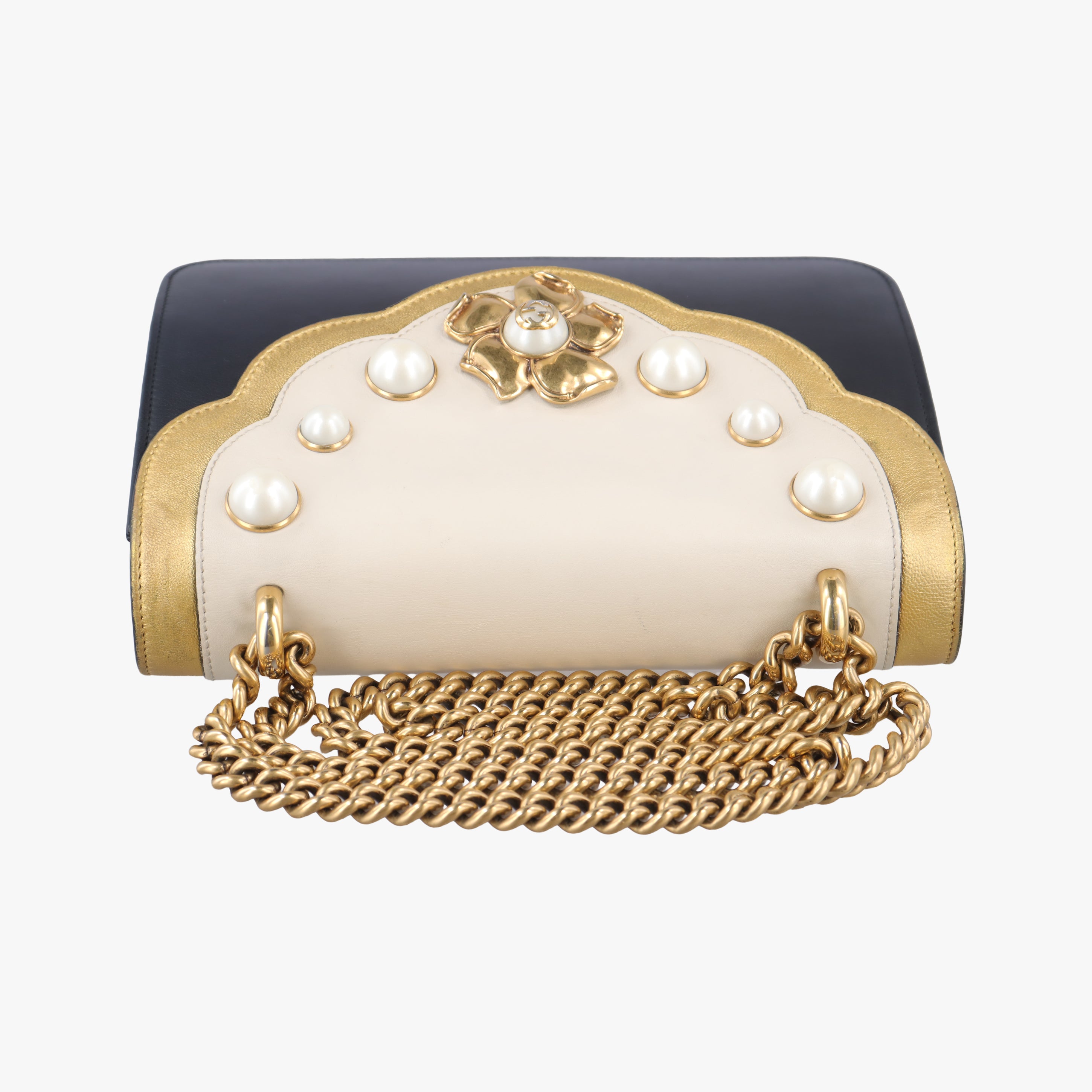 Pre-owned Gucci Pearly Peony Black×White×Gold Leather 432282 shoulderbag | stylenewstar