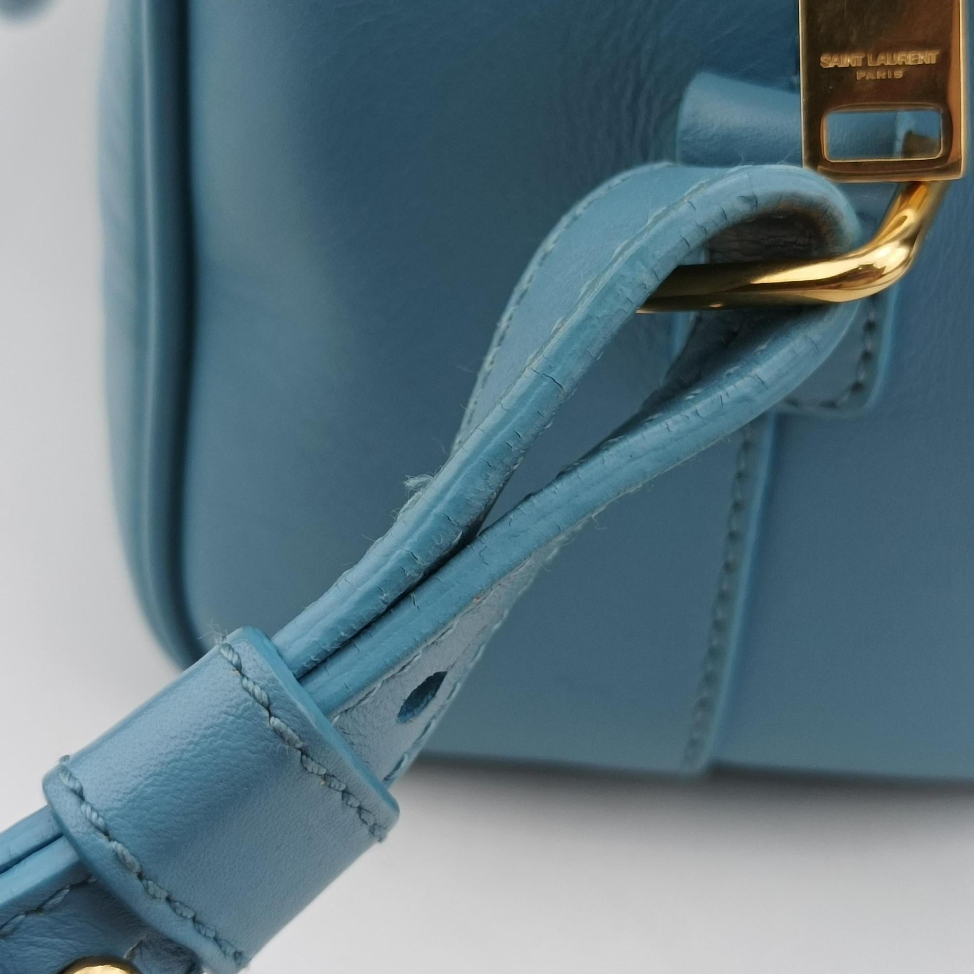 Pre-owned Yves Saint Laurent CLASSIC BABY DUFFLE Blue Leather 330958 shoulderbag | stylenewstar