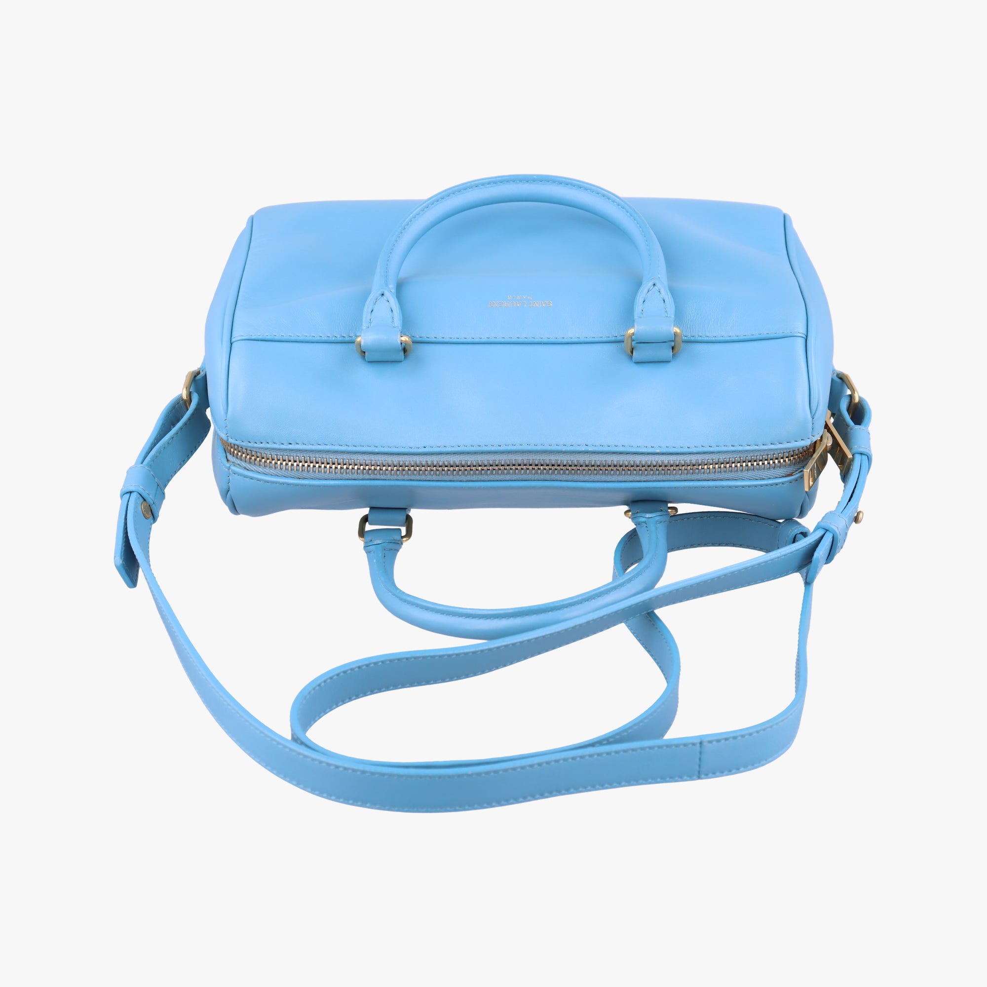 Pre-owned Yves Saint Laurent CLASSIC BABY DUFFLE Blue Leather 330958 shoulderbag | stylenewstar