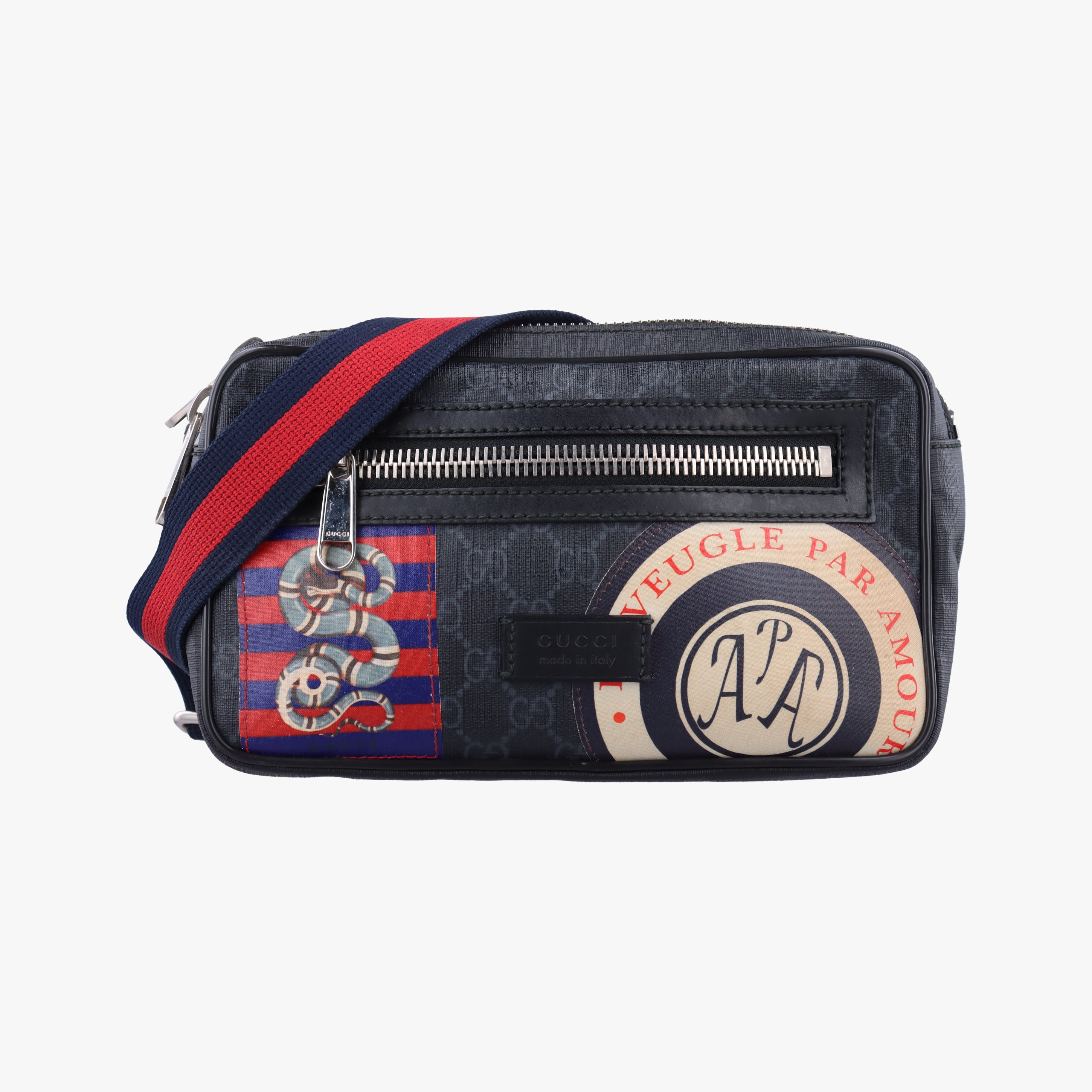 Pre-owned Gucci Night Courrier badge embellished Black×Multicolour PVC coated canvas 474293 bum bag/waist bag | stylenewstar