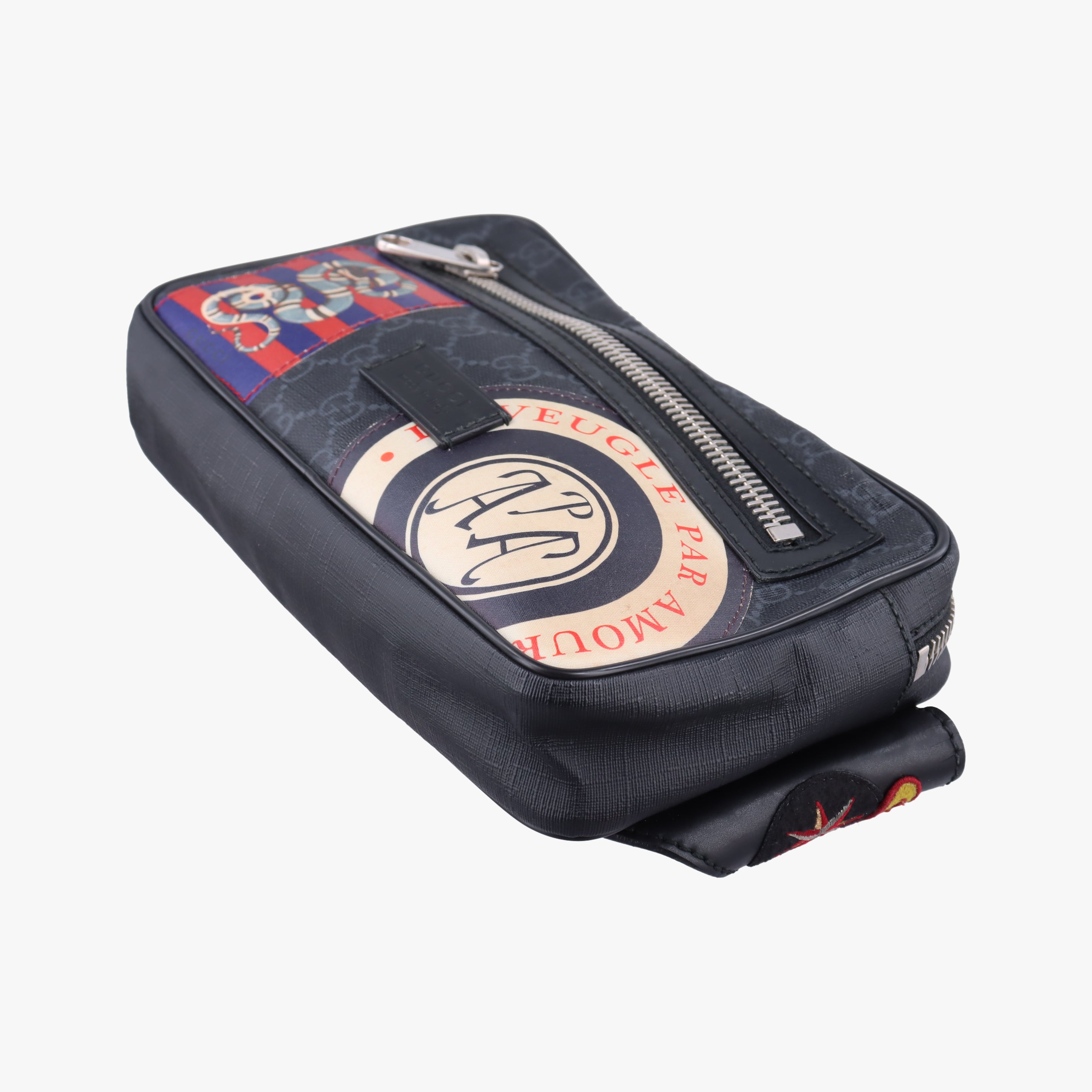 Pre-owned Gucci Night Courrier badge embellished Black×Multicolour PVC coated canvas 474293 bum bag/waist bag | stylenewstar