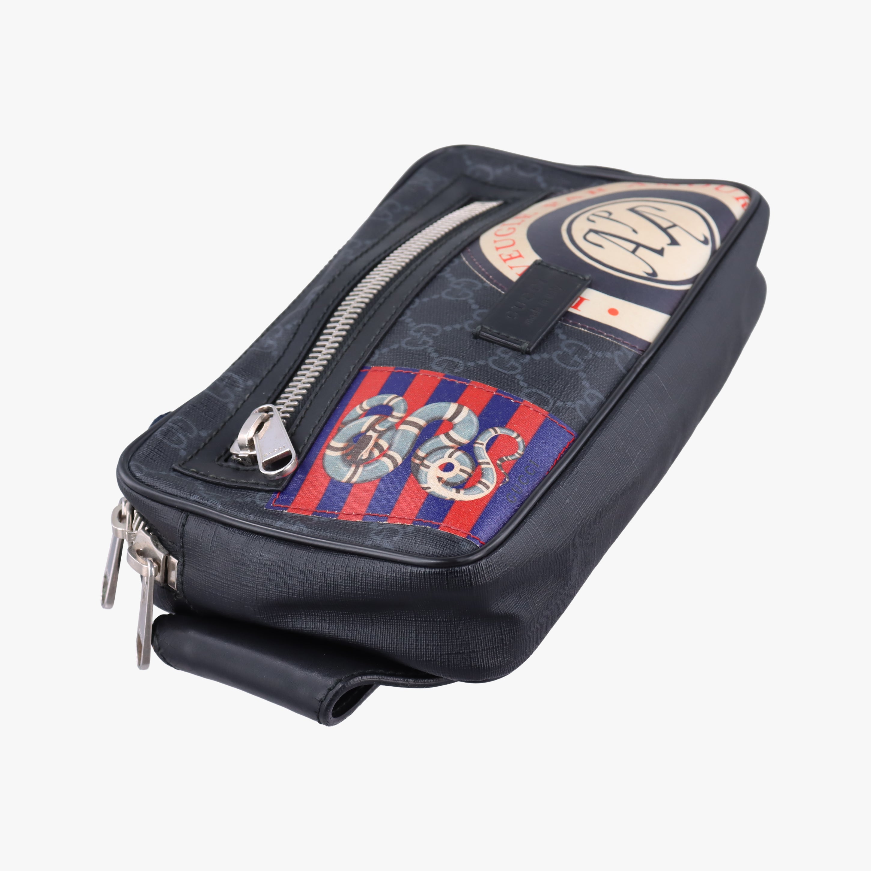 Pre-owned Gucci Night Courrier badge embellished Black×Multicolour PVC coated canvas 474293 bum bag/waist bag | stylenewstar