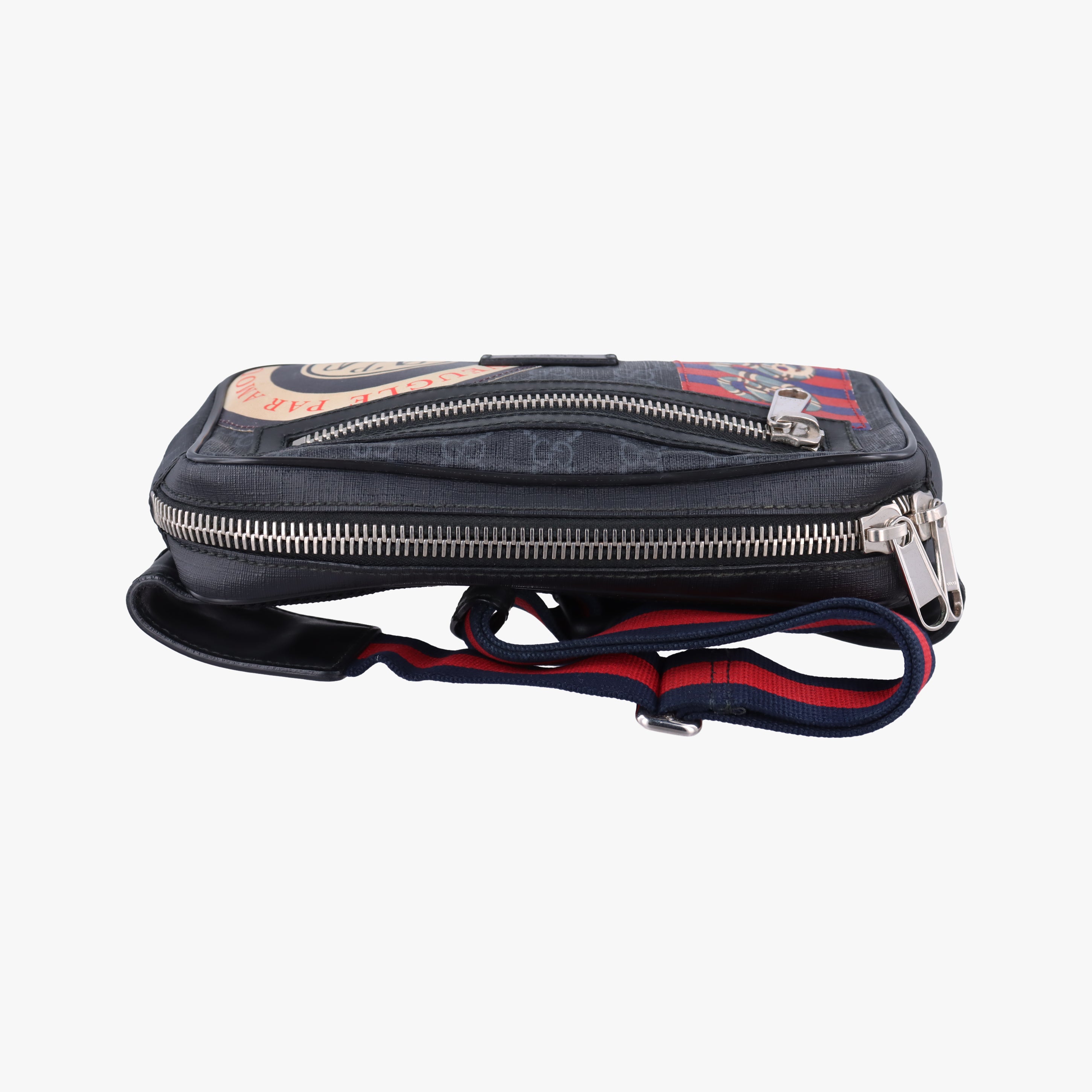 Pre-owned Gucci Night Courrier badge embellished Black×Multicolour PVC coated canvas 474293 bum bag/waist bag | stylenewstar