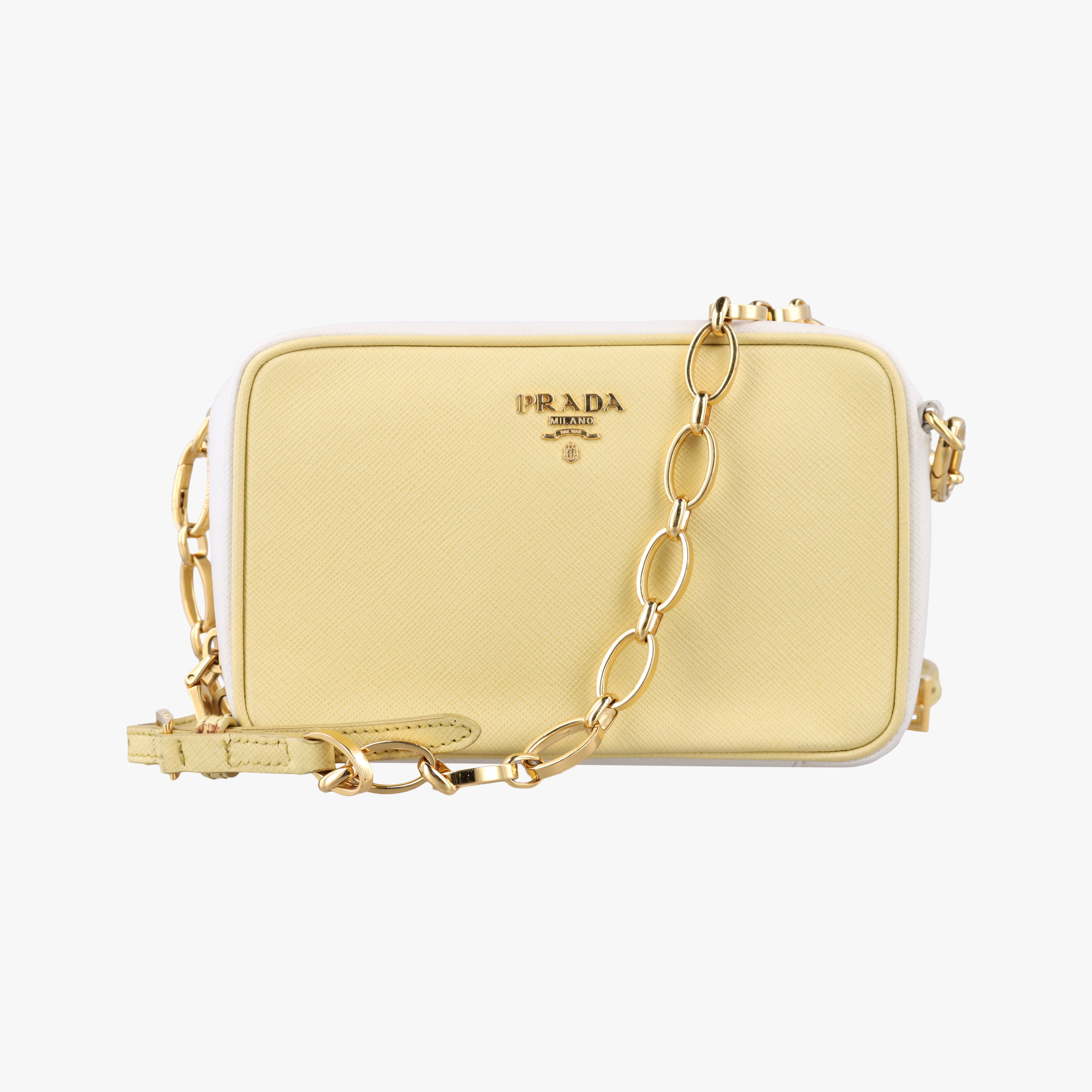 Vintage Prada VITELLO PHENIX camera bag yellow×white SAFFIANO Leather BP0618 shoulderbag | stylenewstar