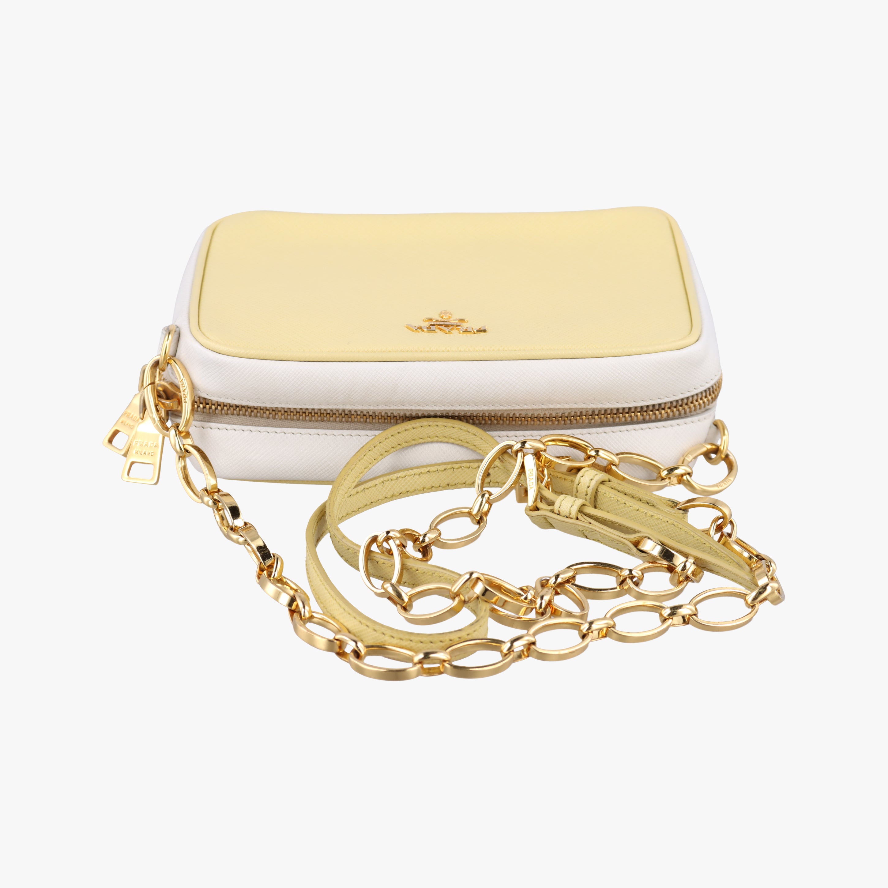 Vintage Prada VITELLO PHENIX camera bag yellow×white SAFFIANO Leather BP0618 shoulderbag | stylenewstar