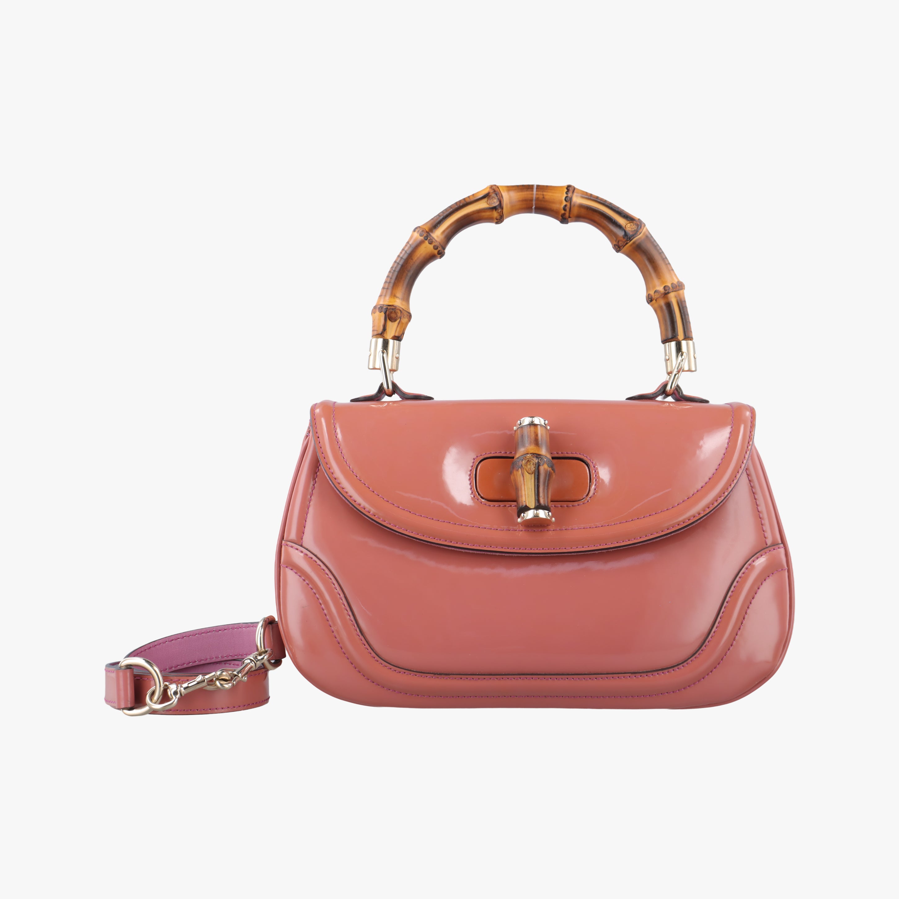 Pre-owned Gucci New Bamboo Pink Patent 254884 shoulderbag | stylenewstar