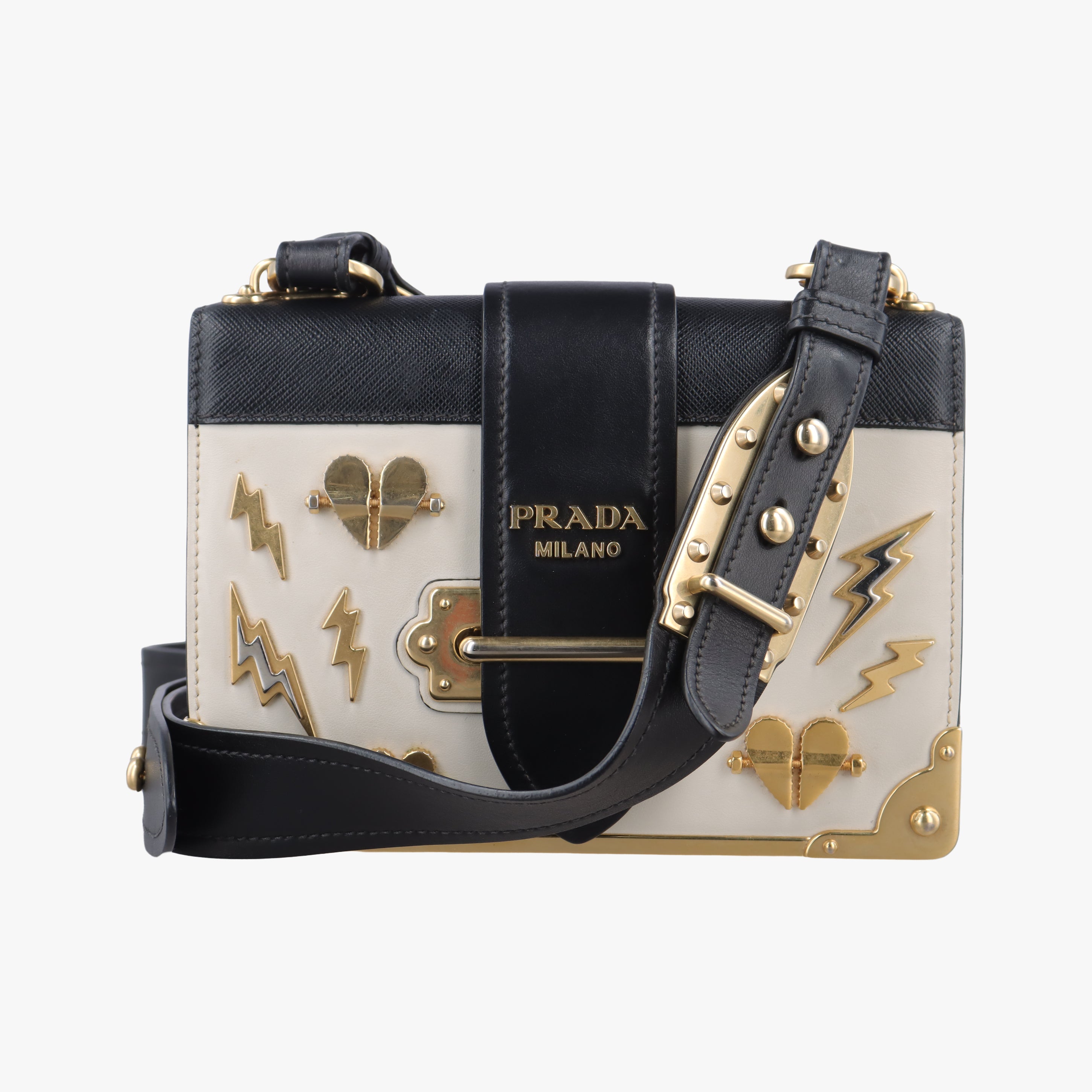 Pre-owned Prada Astrology Cahier White×Black Saffiano leather×Leather  shoulderbag | stylenewstar
