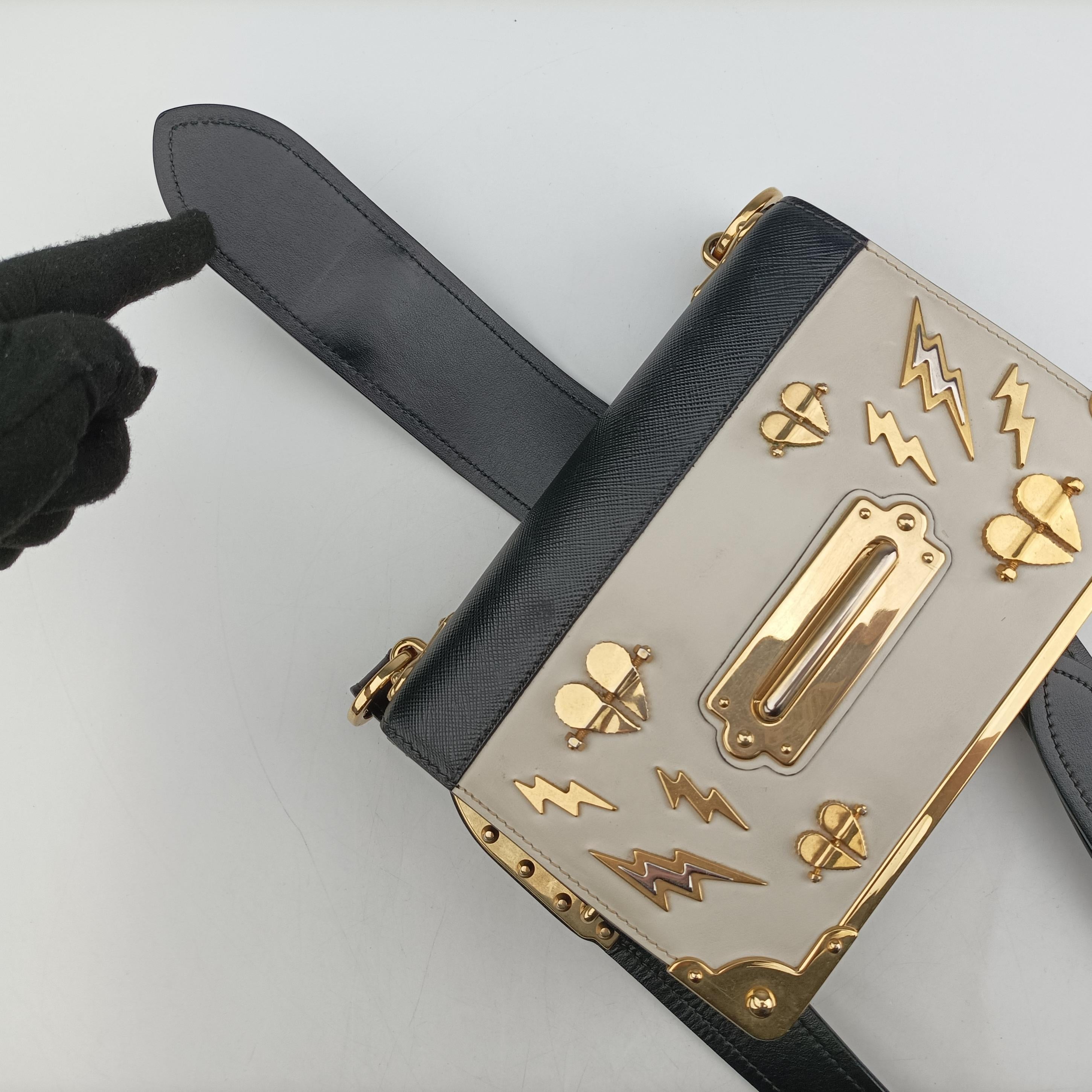 Pre-owned Prada Astrology Cahier White×Black Saffiano leather×Leather  shoulderbag | stylenewstar