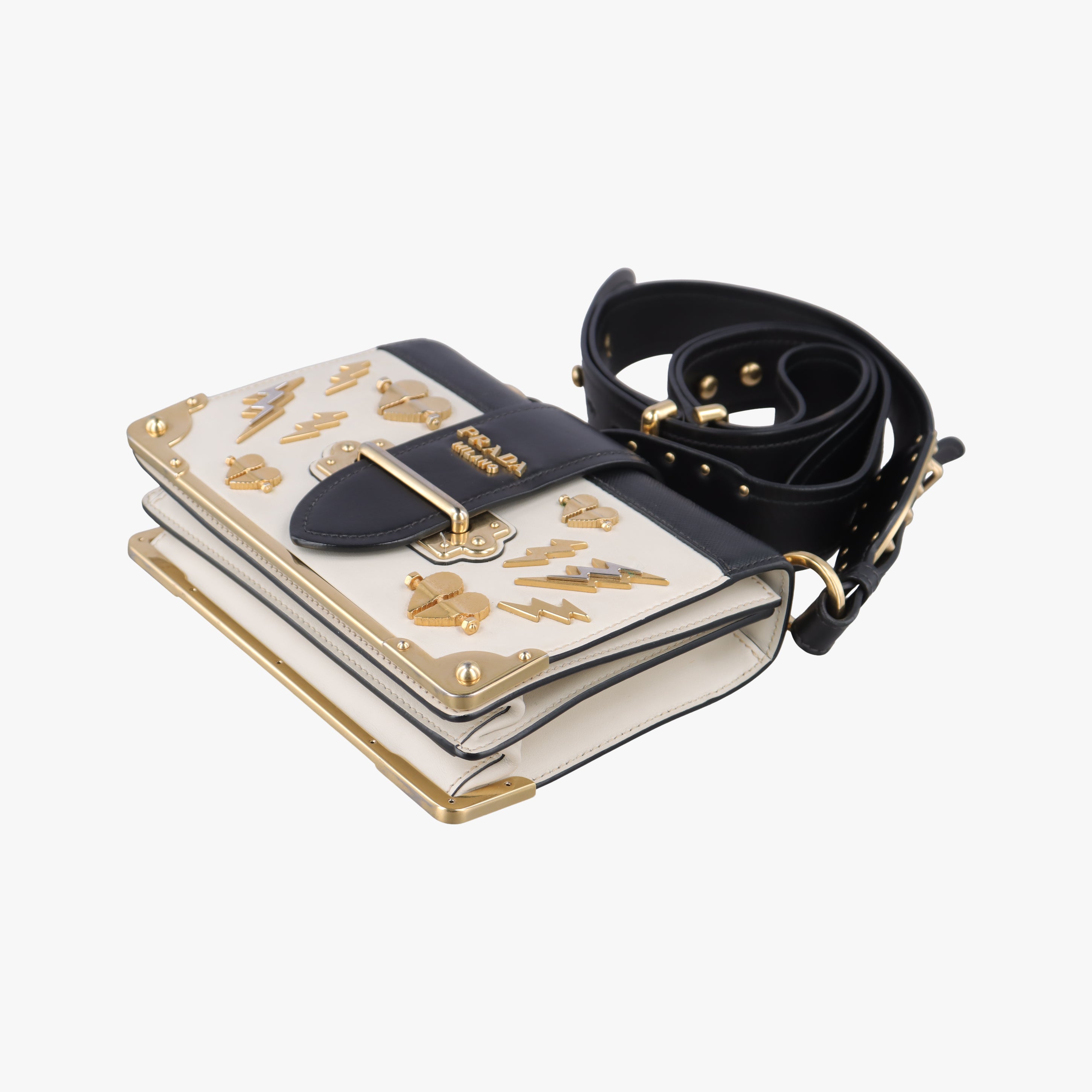 Pre-owned Prada Astrology Cahier White×Black Saffiano leather×Leather  shoulderbag | stylenewstar