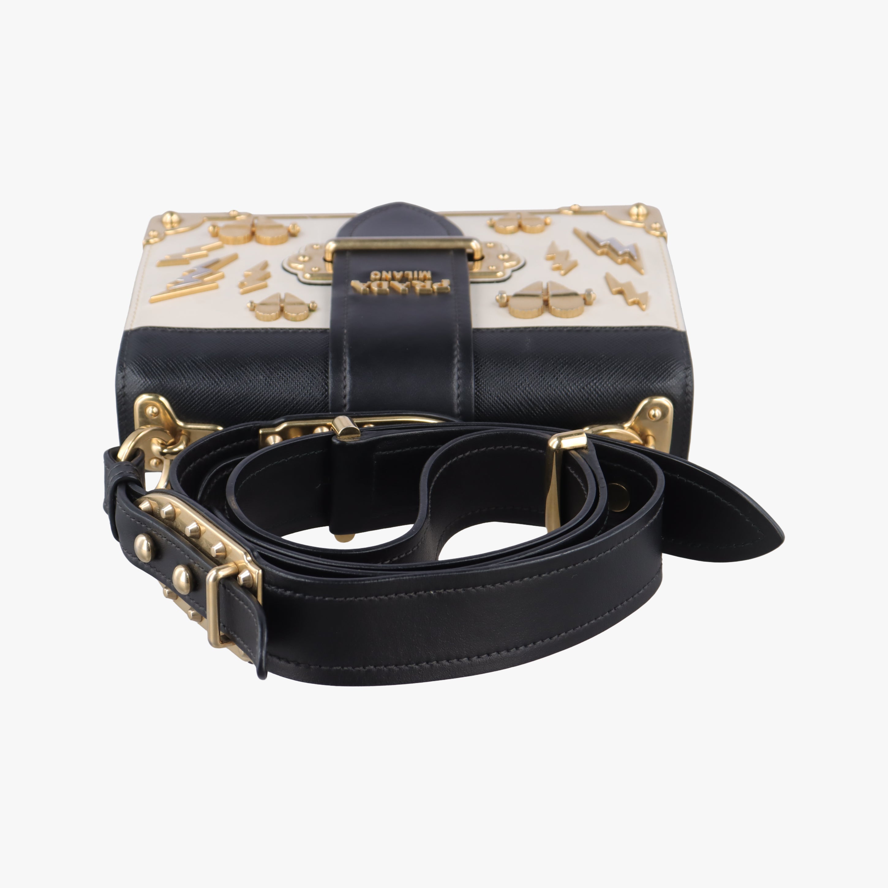 Pre-owned Prada Astrology Cahier White×Black Saffiano leather×Leather  shoulderbag | stylenewstar