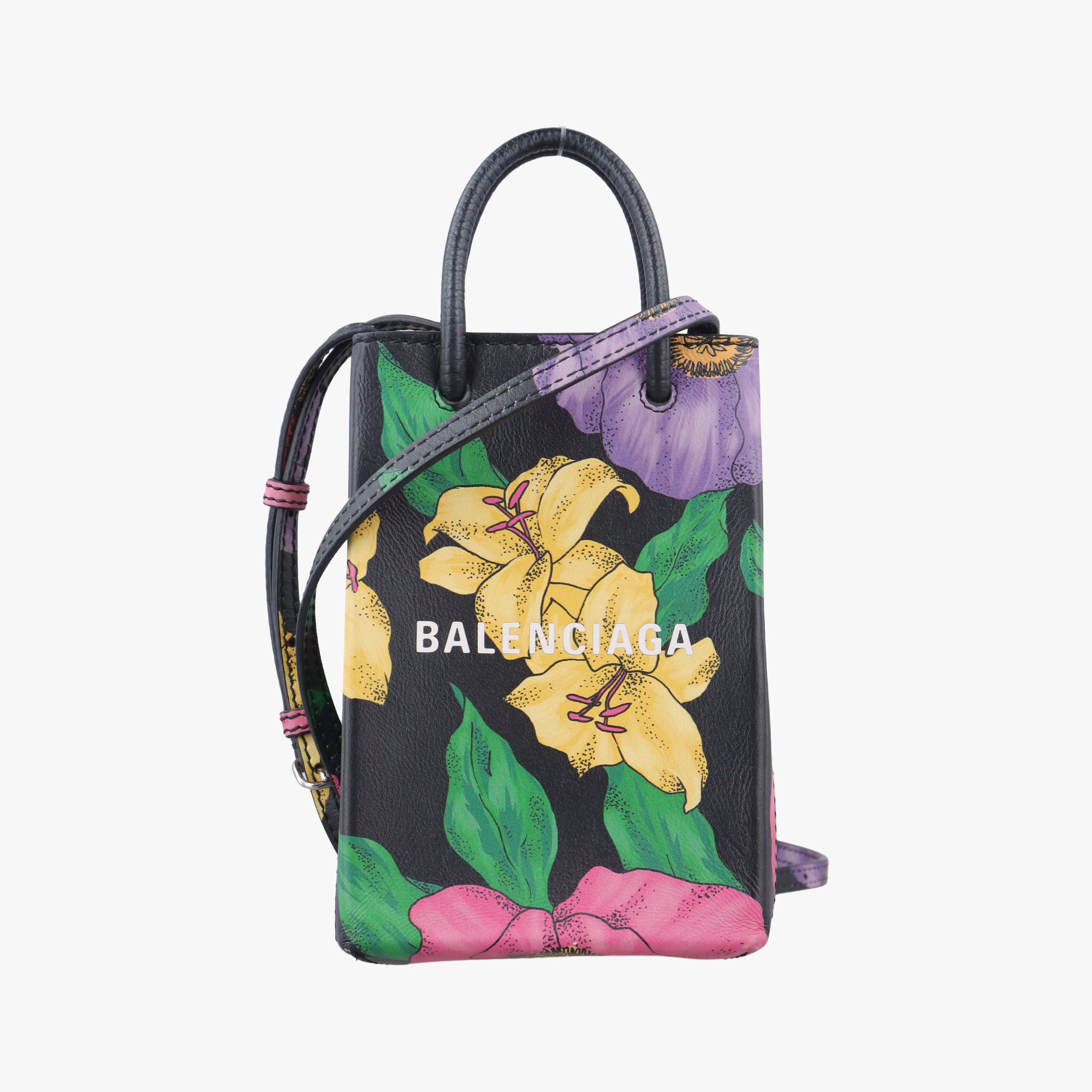 Secondhand Balenciaga Floral print mini Black×Multicolour Leather  shoulderbag | stylenewstar