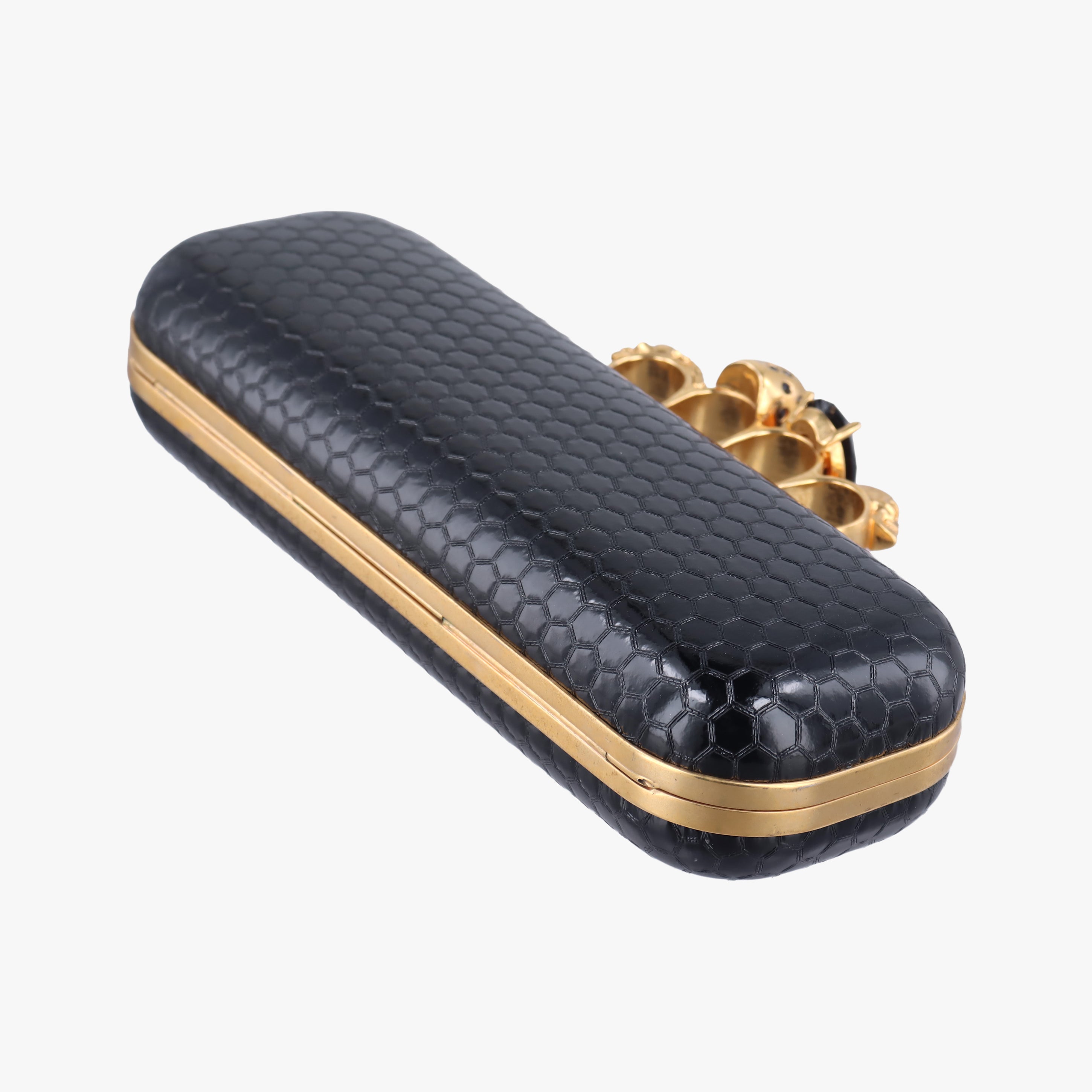 Pre-owned Alexander McQueen Four Ring Black Leather  clutchbag | stylenewstar