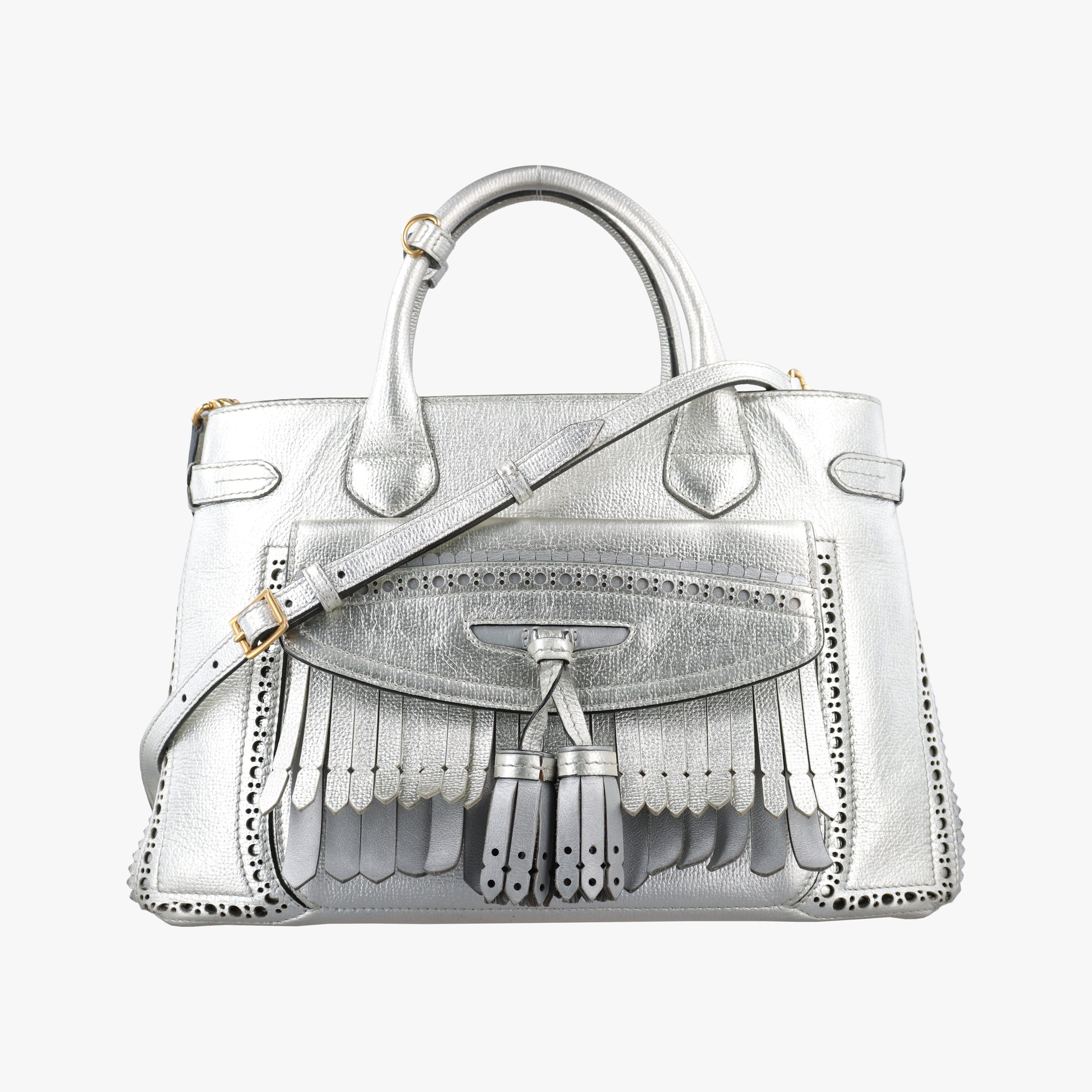 Pre-owned Burberry Medium Brogue Banner Silver leather  shoulderbag | stylenewstar