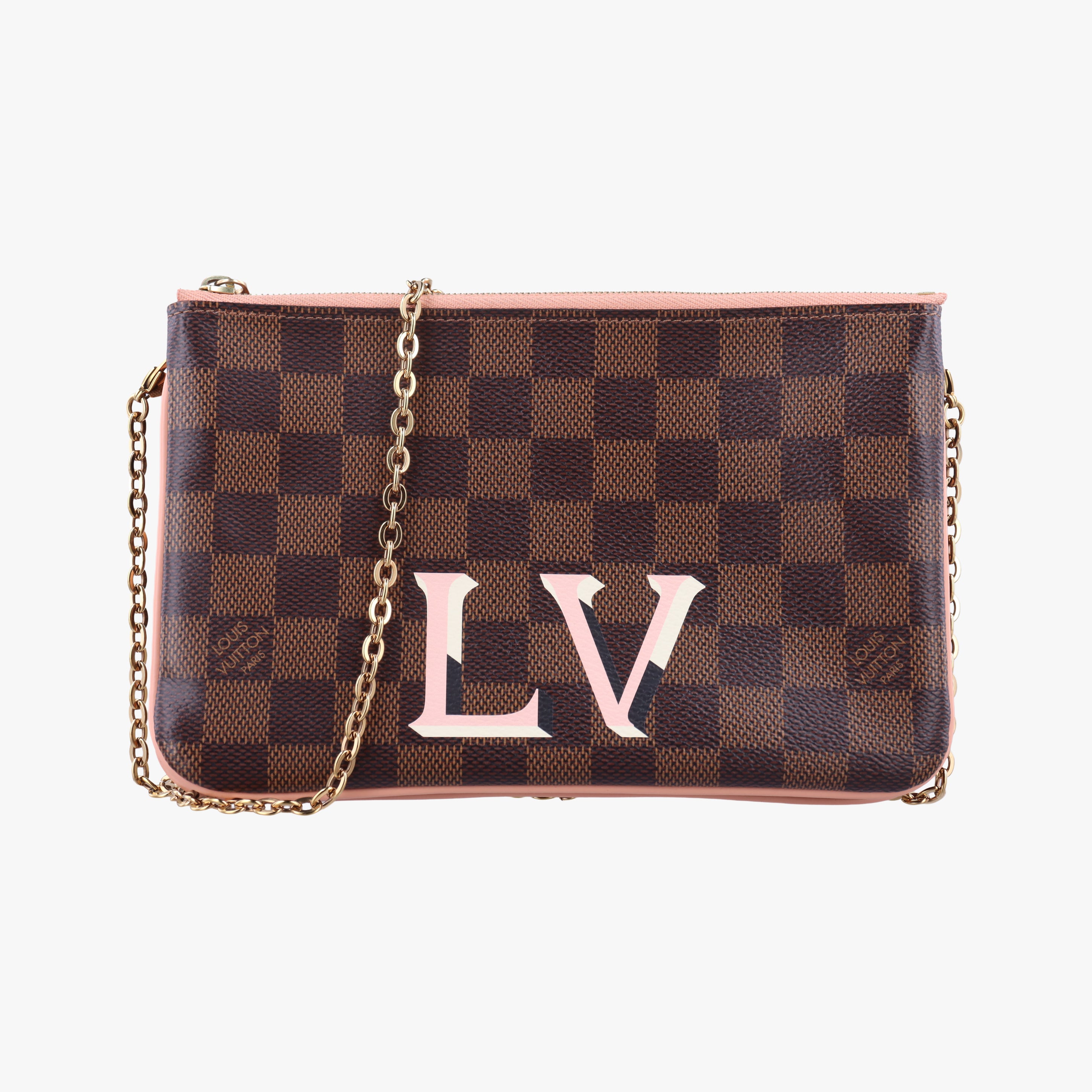 Vintage Louis Vuitton Pochette Double Zip EBENE×Rose Ballerine Damier Canvas N60254 shoulderbag | stylenewstar