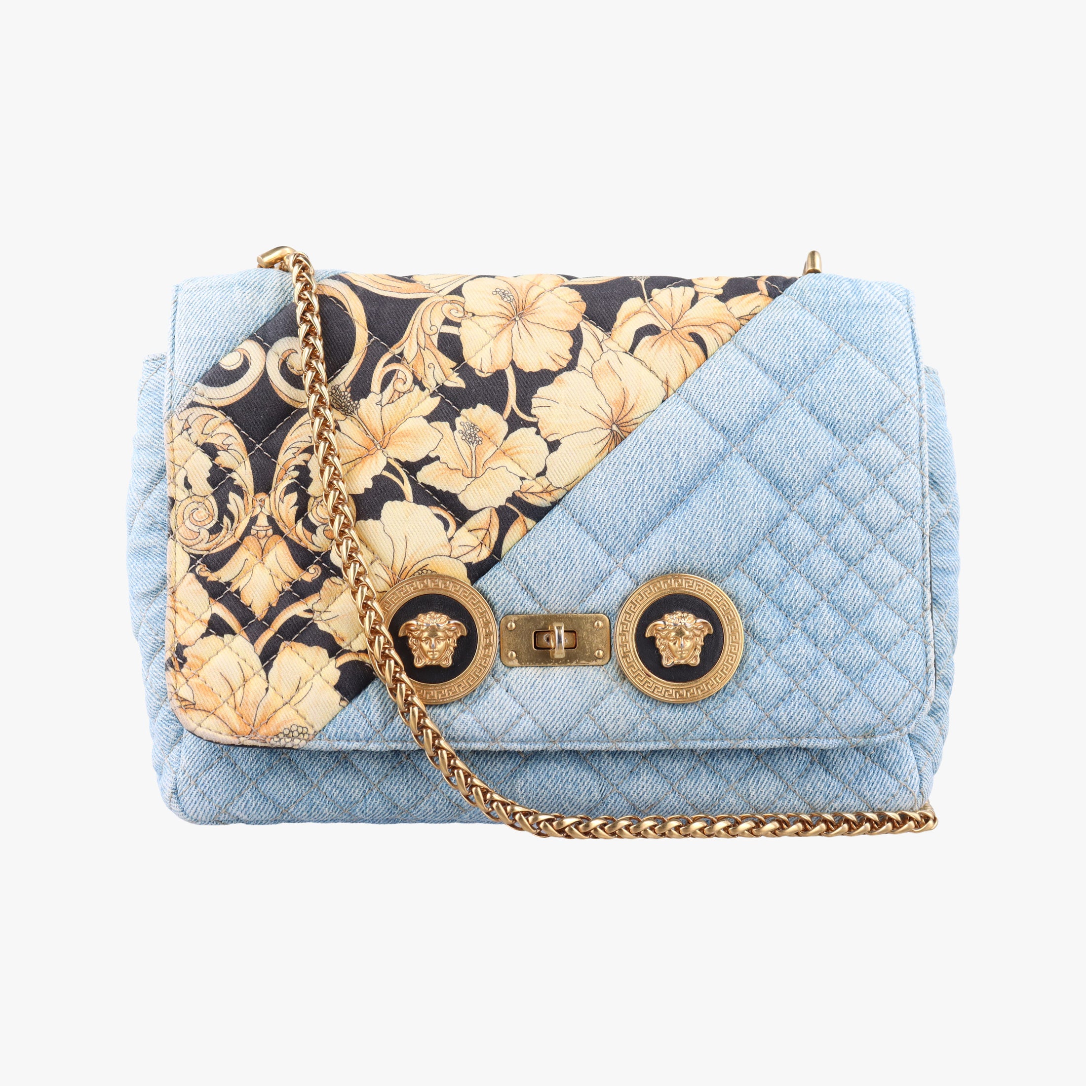 Pre-owned VERSACE Baroque Medusa blue×Multicolour denim  shoulderbag | stylenewstar