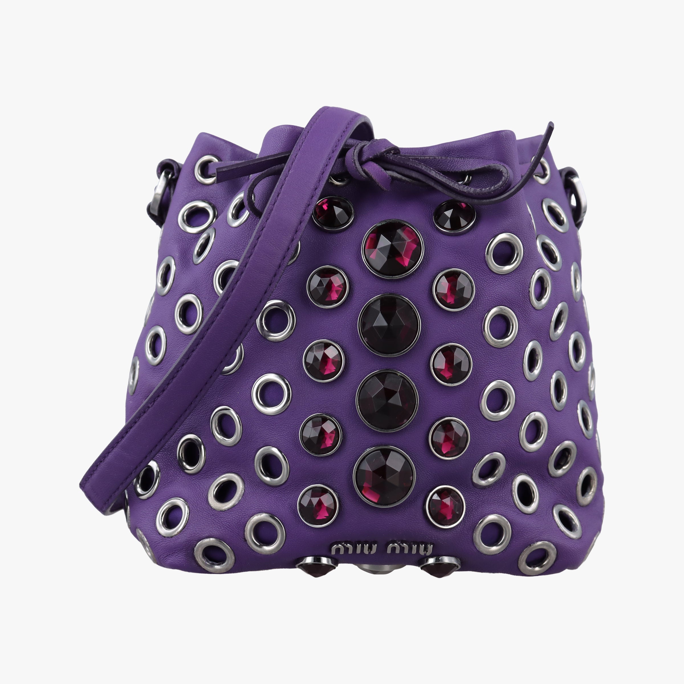 Pre-owned Miu Miu Grommet Mini Jewel Embellished Drawstring Bucket Purple lambskin  shoulderbag | stylenewstar