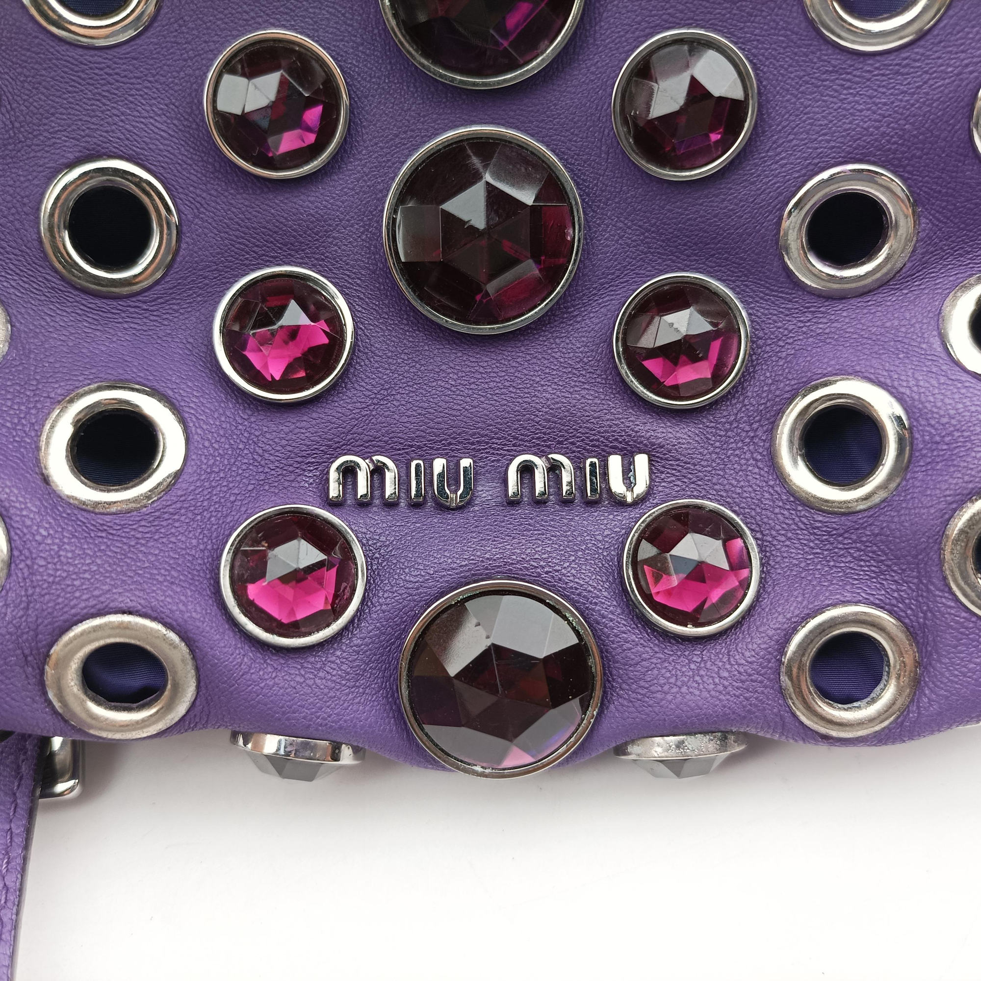 Pre-owned Miu Miu Grommet Mini Jewel Embellished Drawstring Bucket Purple lambskin  shoulderbag | stylenewstar