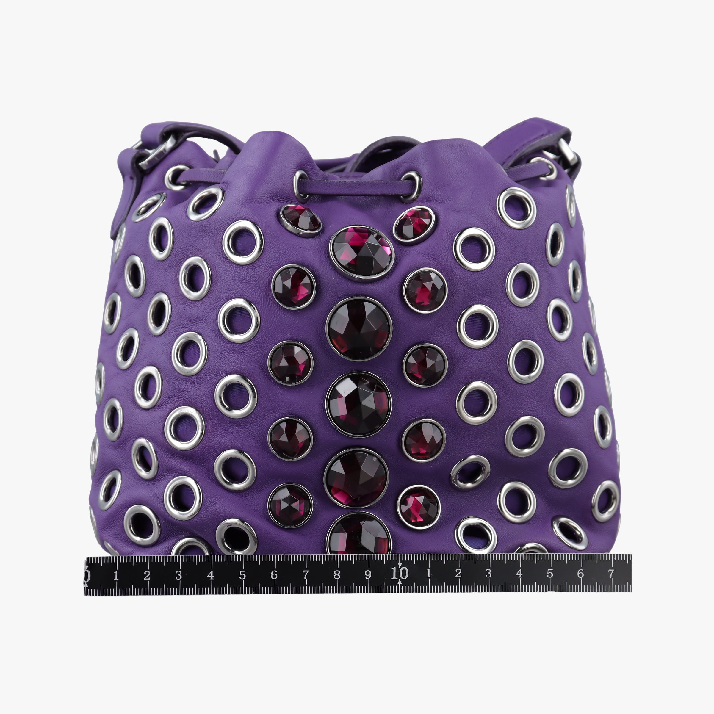 Pre-owned Miu Miu Grommet Mini Jewel Embellished Drawstring Bucket Purple lambskin  shoulderbag | stylenewstar