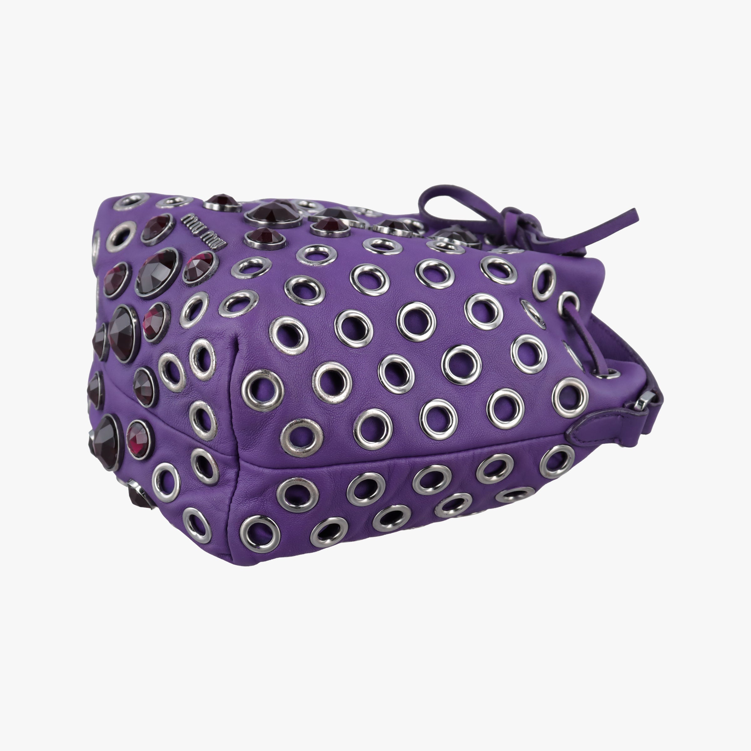 Pre-owned Miu Miu Grommet Mini Jewel Embellished Drawstring Bucket Purple lambskin  shoulderbag | stylenewstar