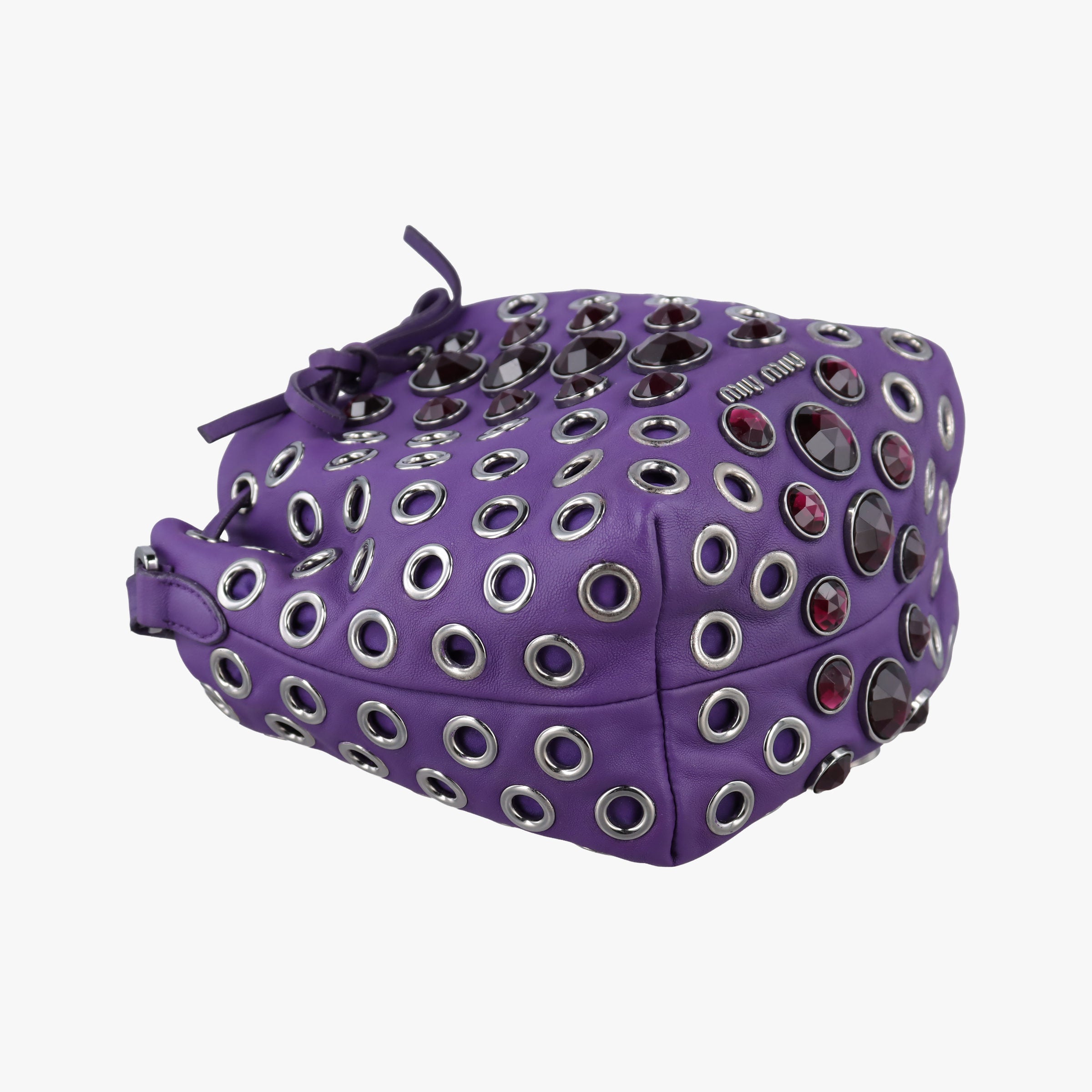 Pre-owned Miu Miu Grommet Mini Jewel Embellished Drawstring Bucket Purple lambskin  shoulderbag | stylenewstar