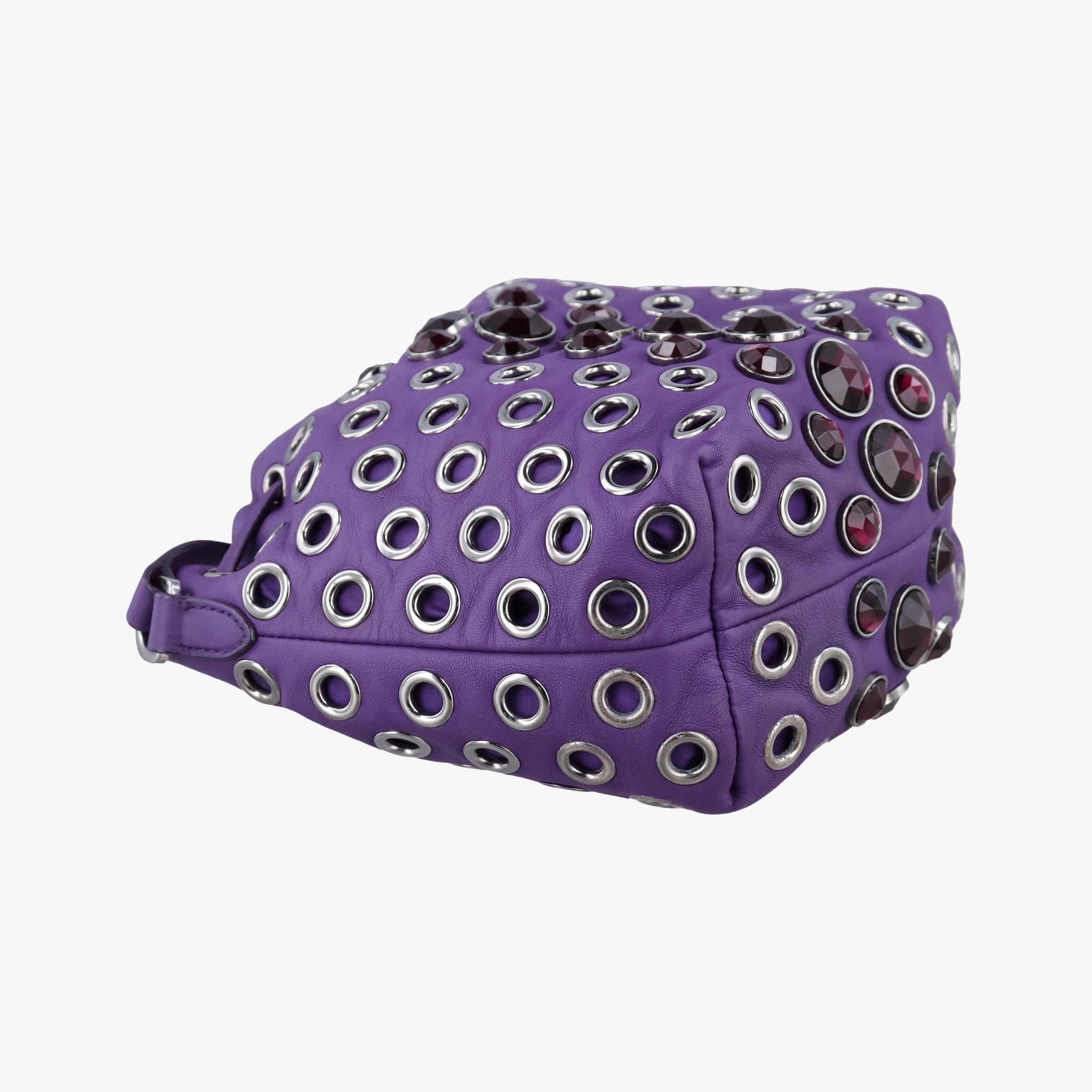 Pre-owned Miu Miu Grommet Mini Jewel Embellished Drawstring Bucket Purple lambskin  shoulderbag | stylenewstar
