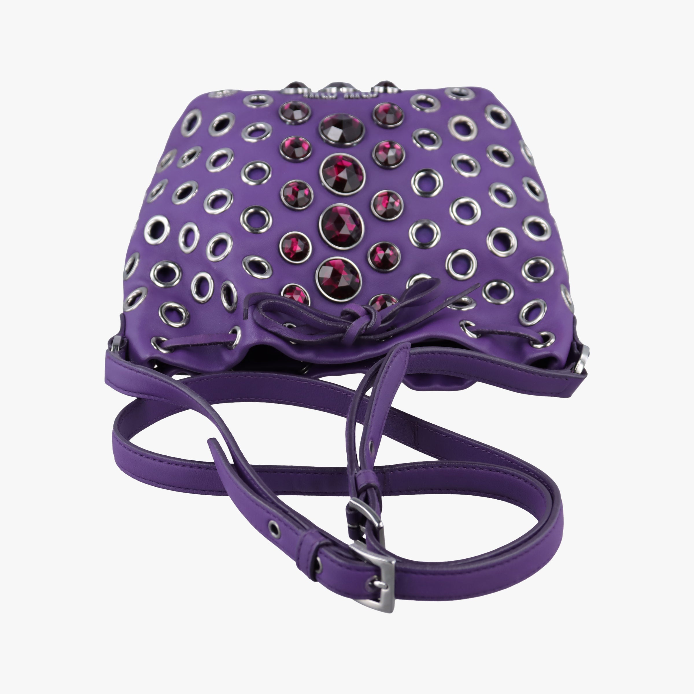 Pre-owned Miu Miu Grommet Mini Jewel Embellished Drawstring Bucket Purple lambskin  shoulderbag | stylenewstar