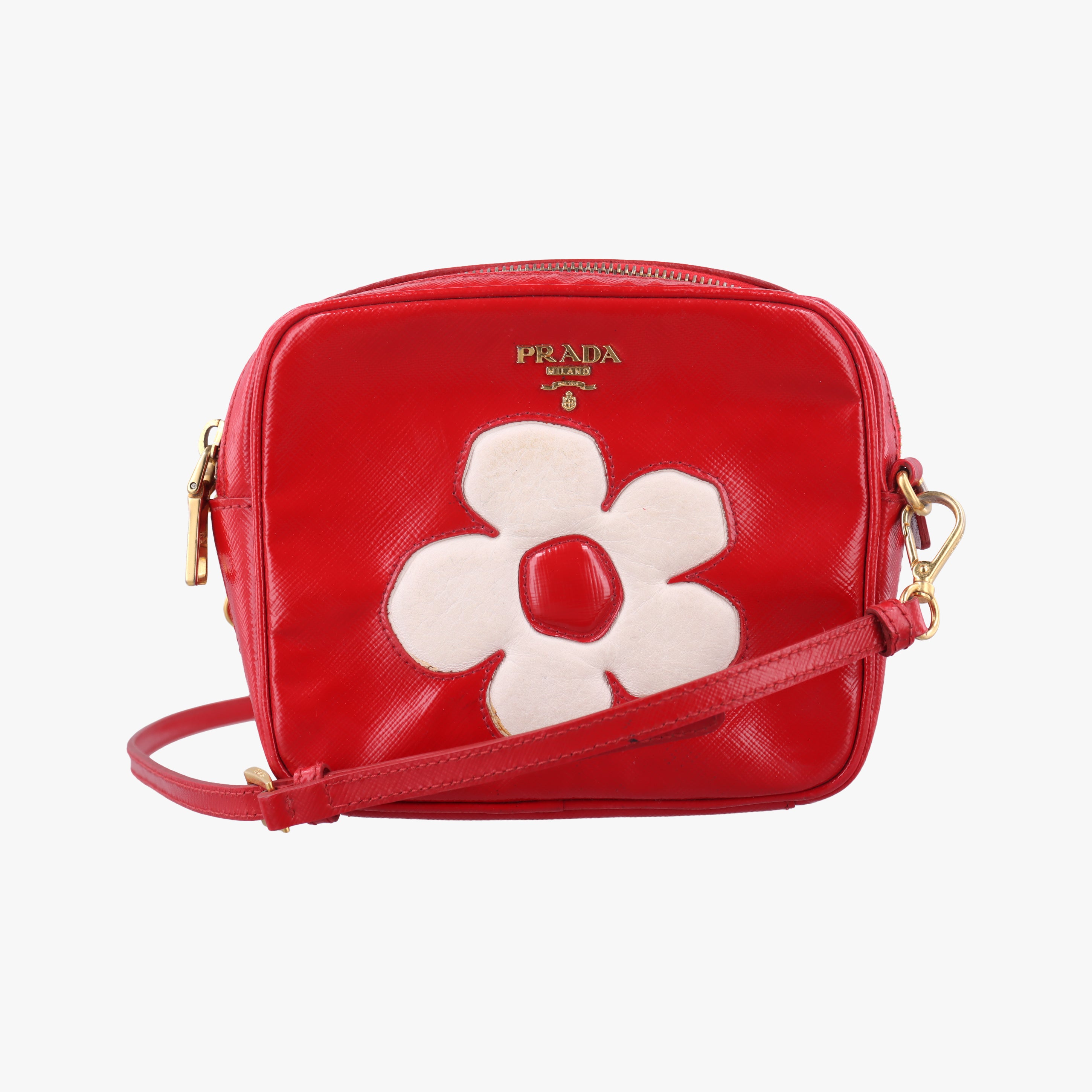 Secondhand Prada Flowers Vernice Red×White Patent BP610M shoulderbag | stylenewstar