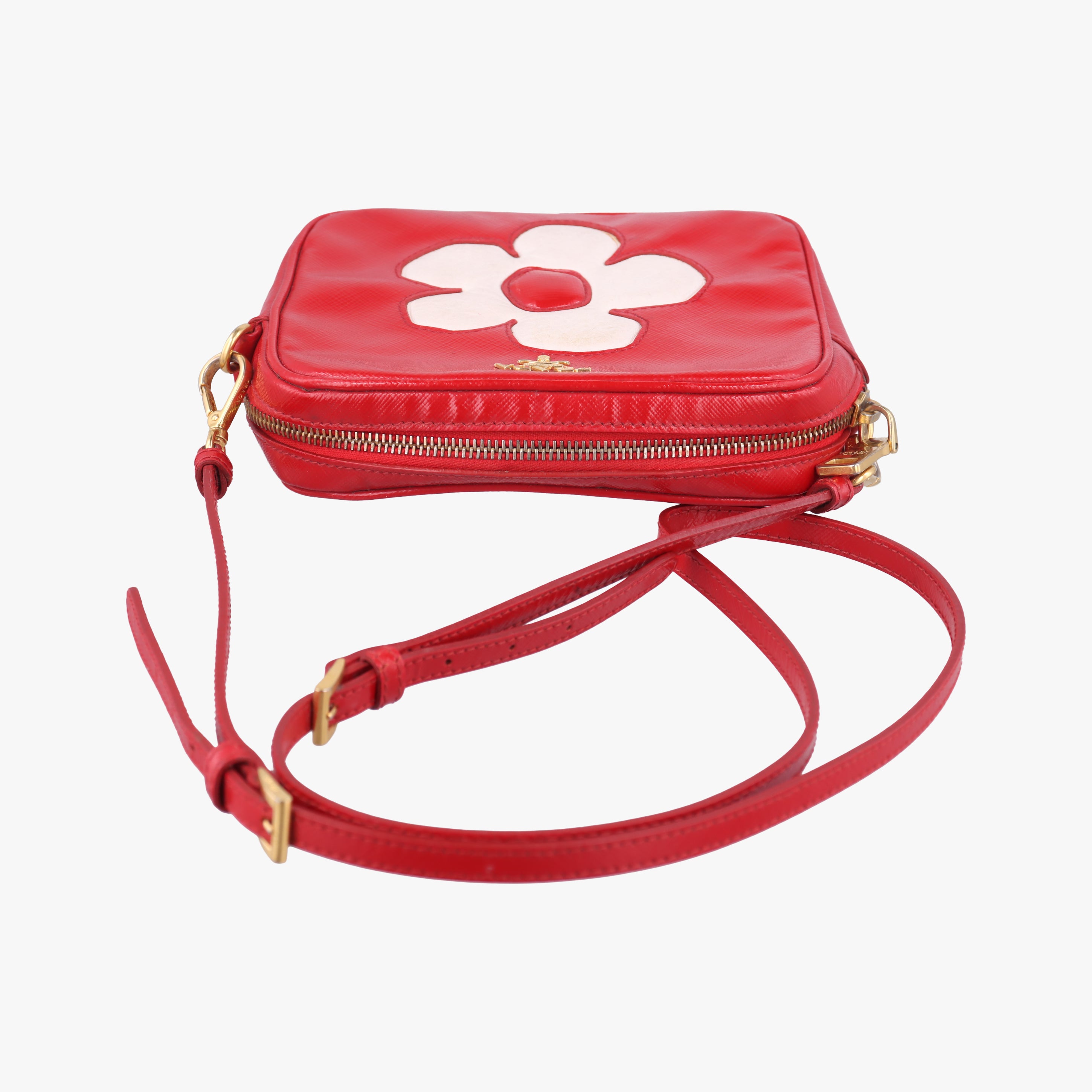 Secondhand Prada Flowers Vernice Red×White Patent BP610M shoulderbag | stylenewstar
