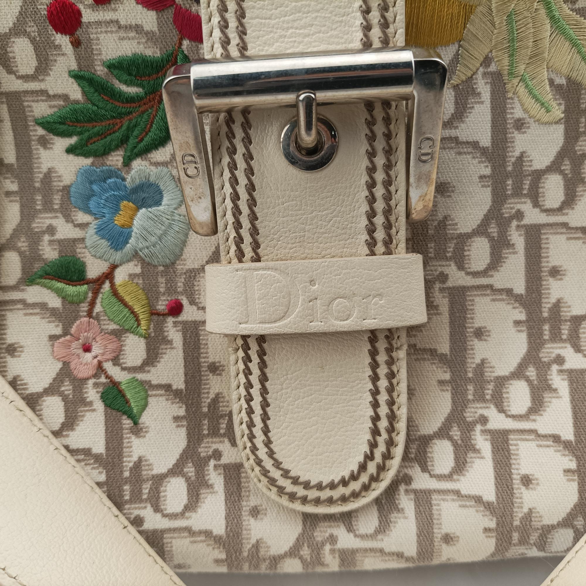 Pre-owned Christian Dior Oblique Floral Trotter White x Beige x Multicolor Canvas × Leather  handbag | stylenewstar