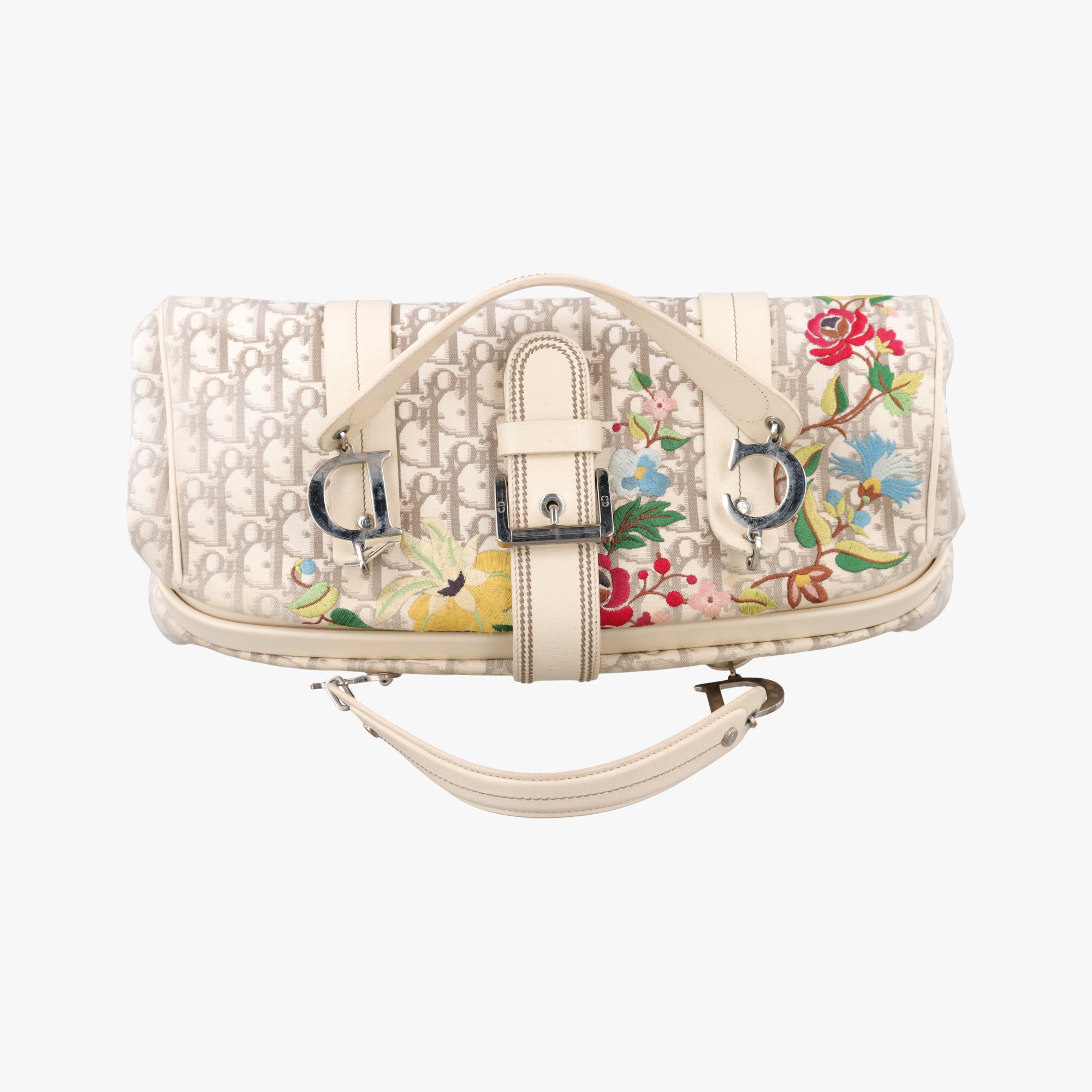 Pre-owned Christian Dior Oblique Floral Trotter White x Beige x Multicolor Canvas × Leather  handbag | stylenewstar
