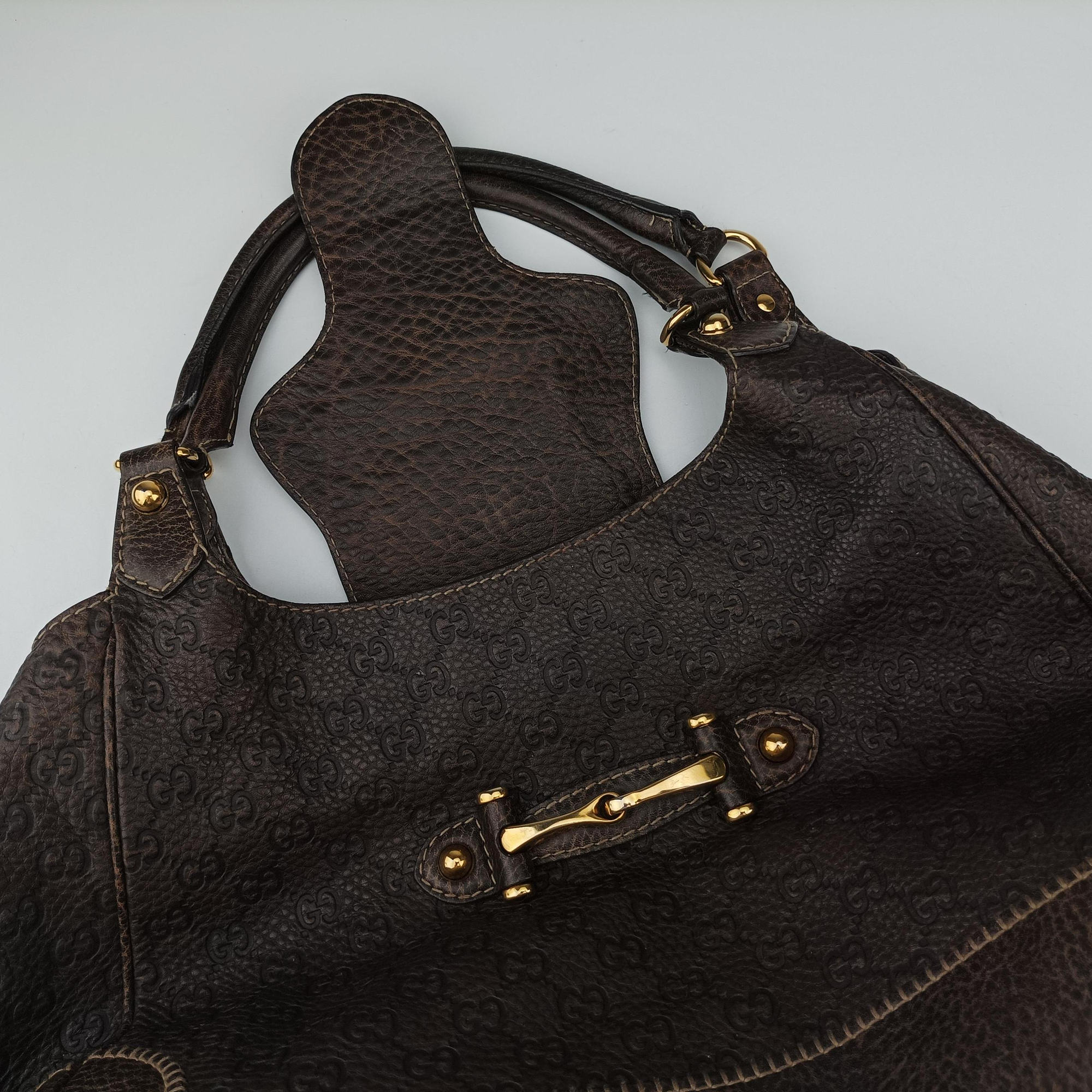 Pre-owned Gucci Guccissima New Pelham horsebit Brown Leather  shoulderbag | stylenewstar