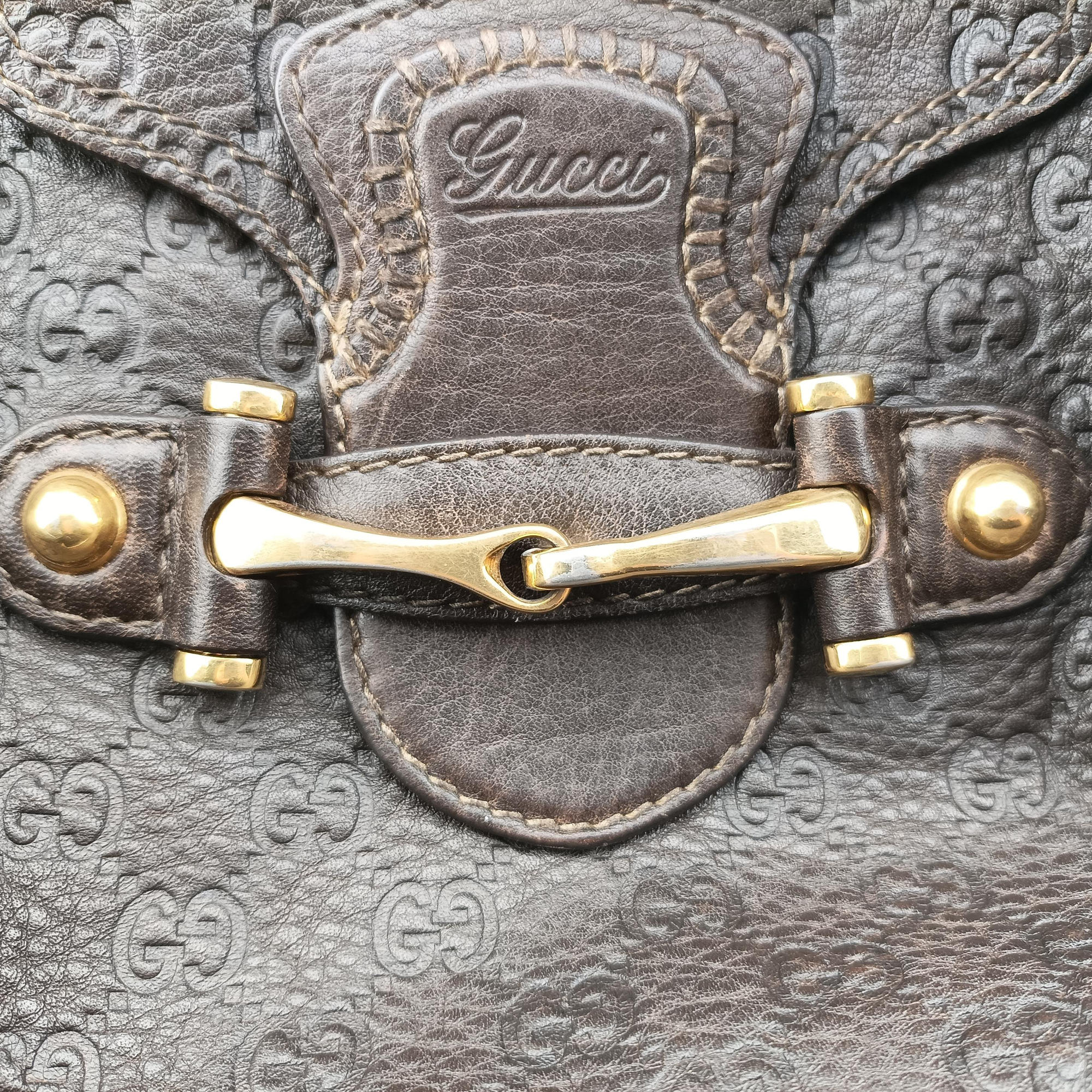Pre-owned Gucci Guccissima New Pelham horsebit Brown leather 223958 shoulderbag | stylenewstar