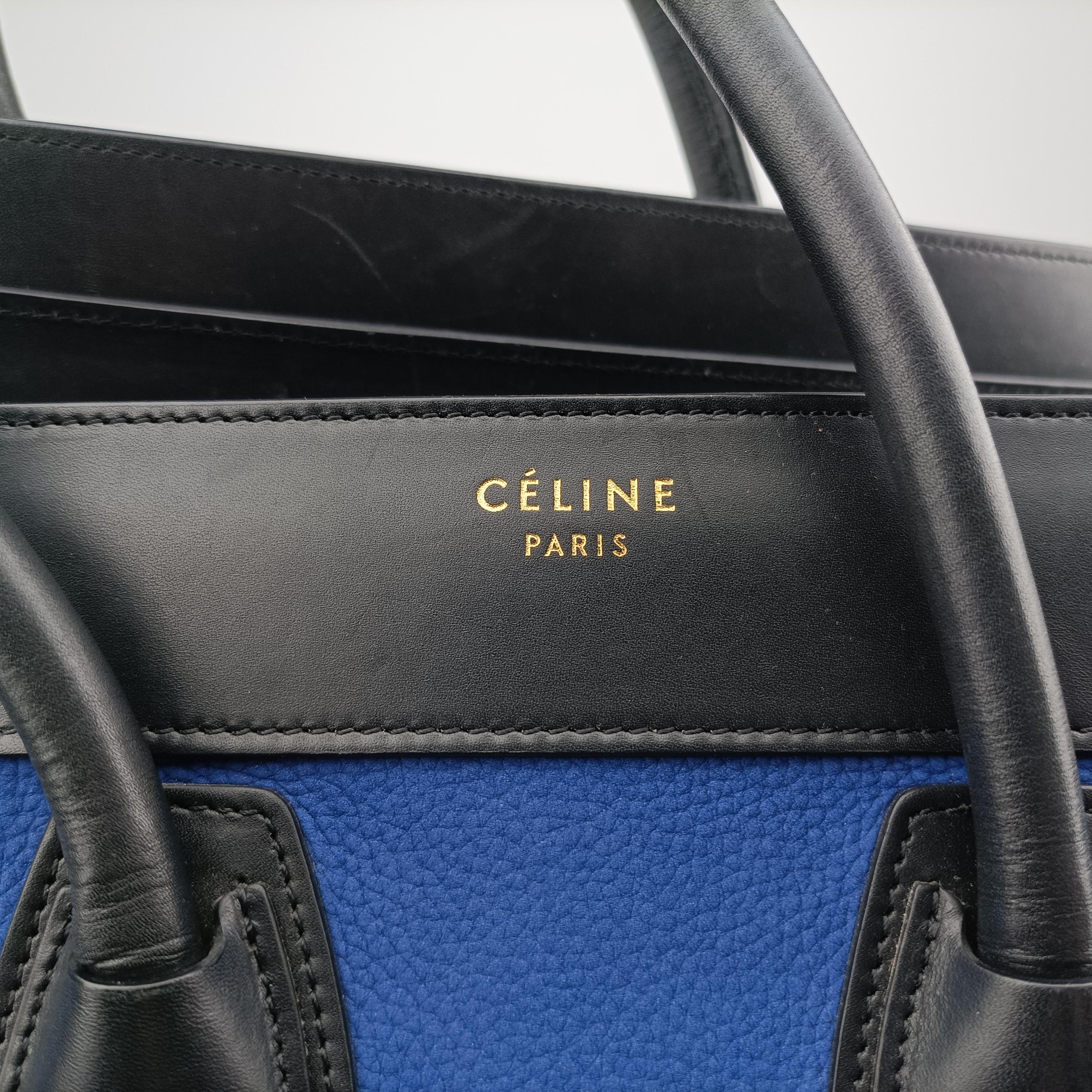 Pre-owned Celine Luggage Micro shopper Blue×black Suede ×Leather  handbag | stylenewstar