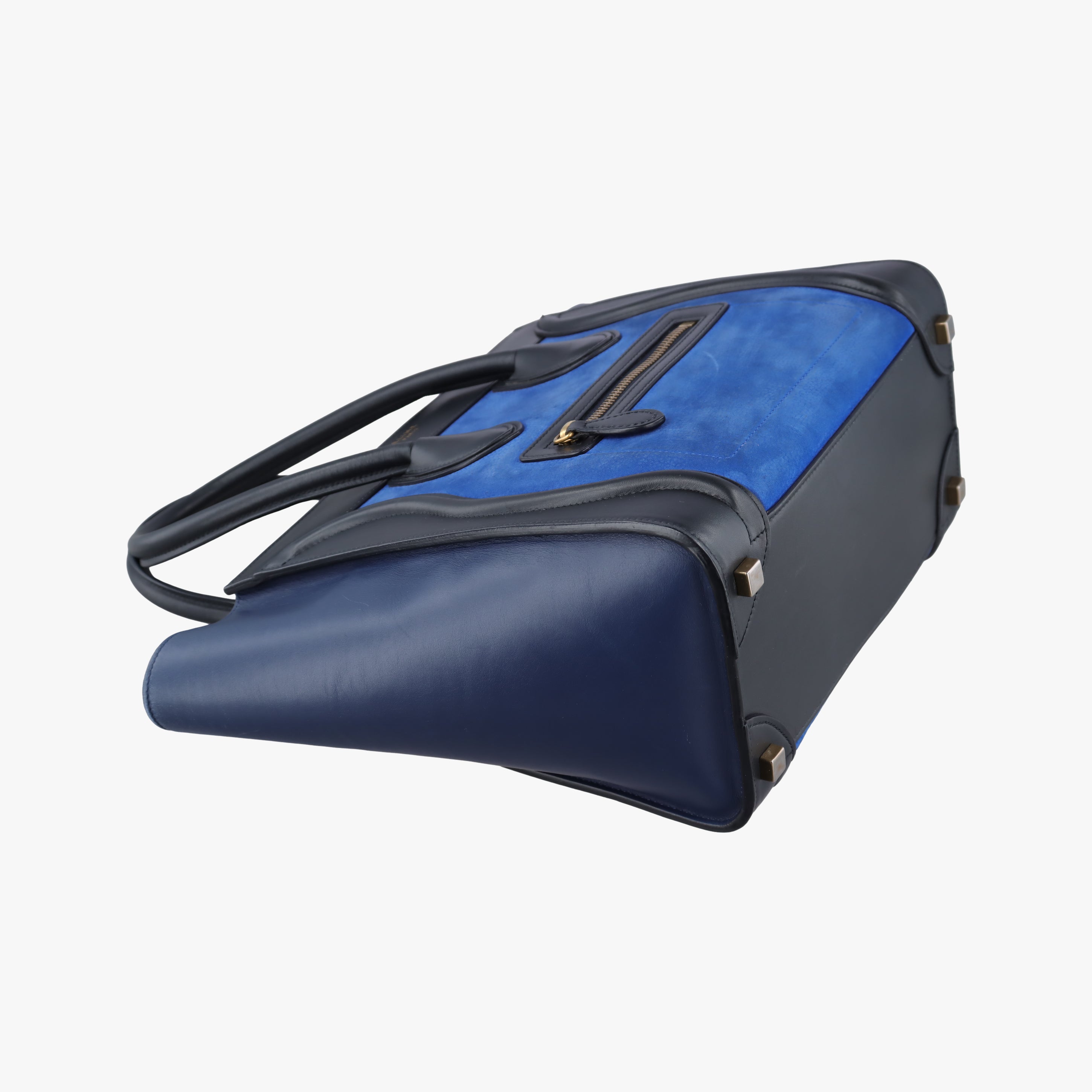 Pre-owned Celine Luggage Micro shopper Blue×black Suede ×Leather  handbag | stylenewstar
