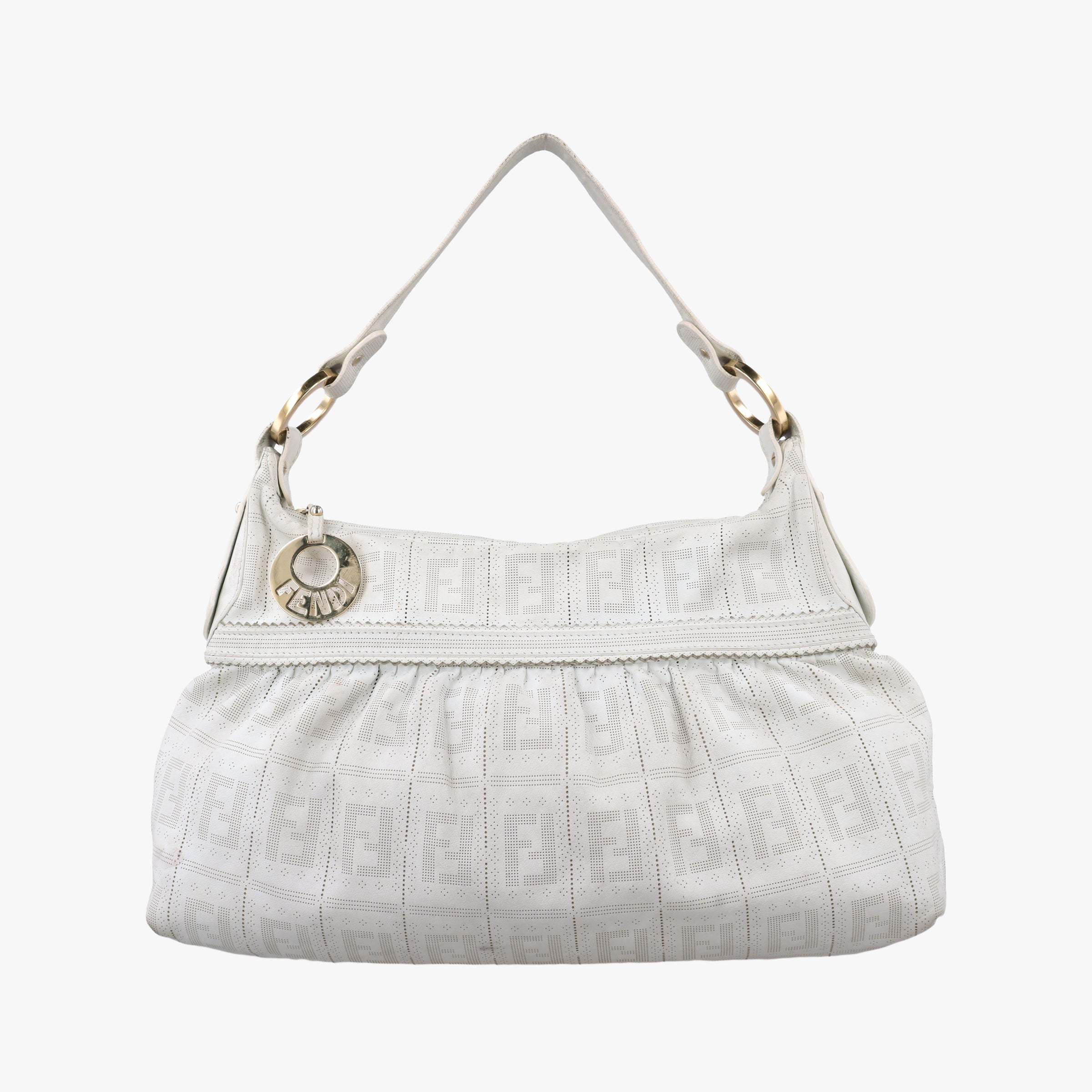 Secondhand Fendi Chef Perforated Charm Zucca Print White Leather 8BR448 handbag | stylenewstar